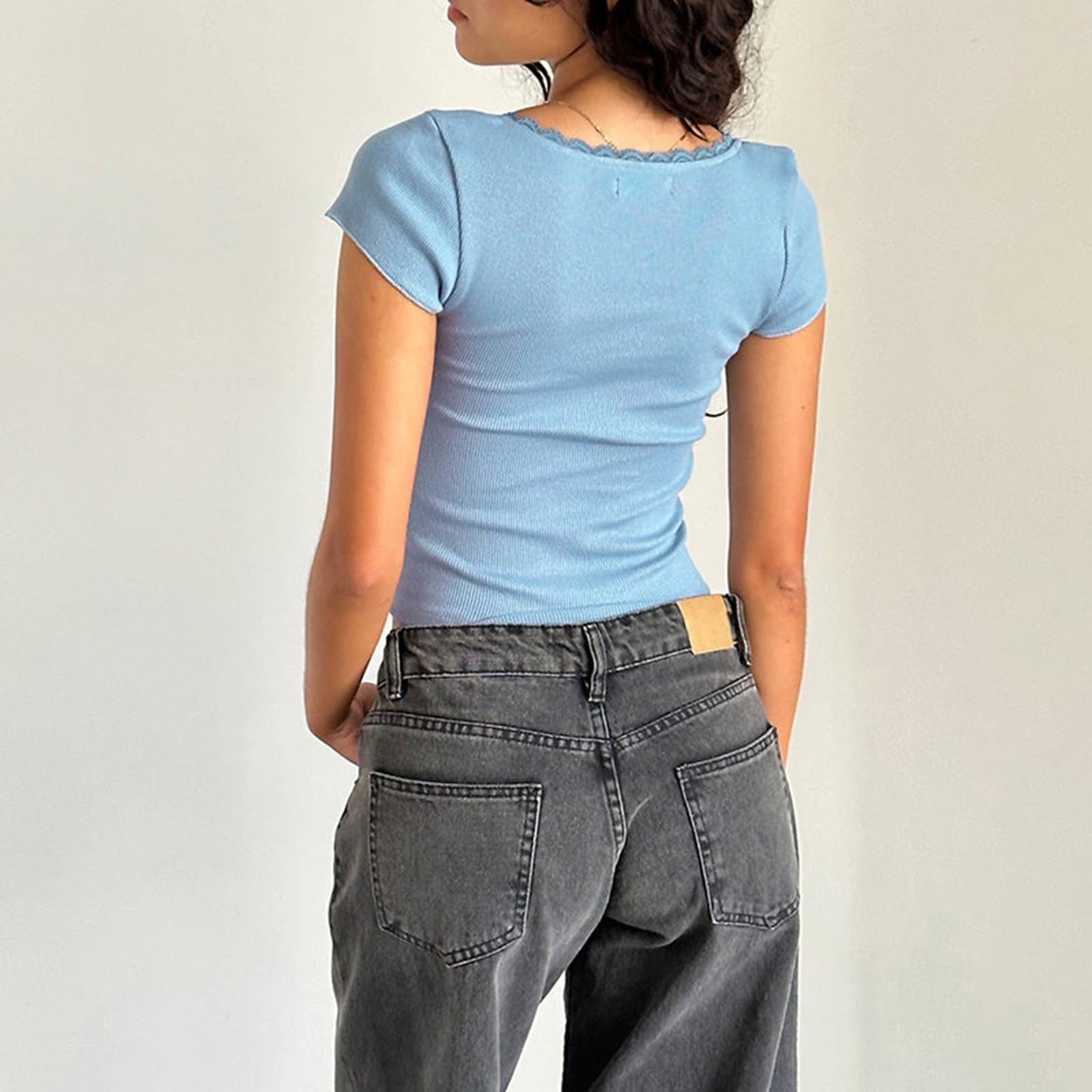 Womens E-Girls Short Sleeve T-Shirt Y2k Lace Trim Crop Tops Crewneck Fairy Grunge Tee Tops Aesthetic Summer Clothes