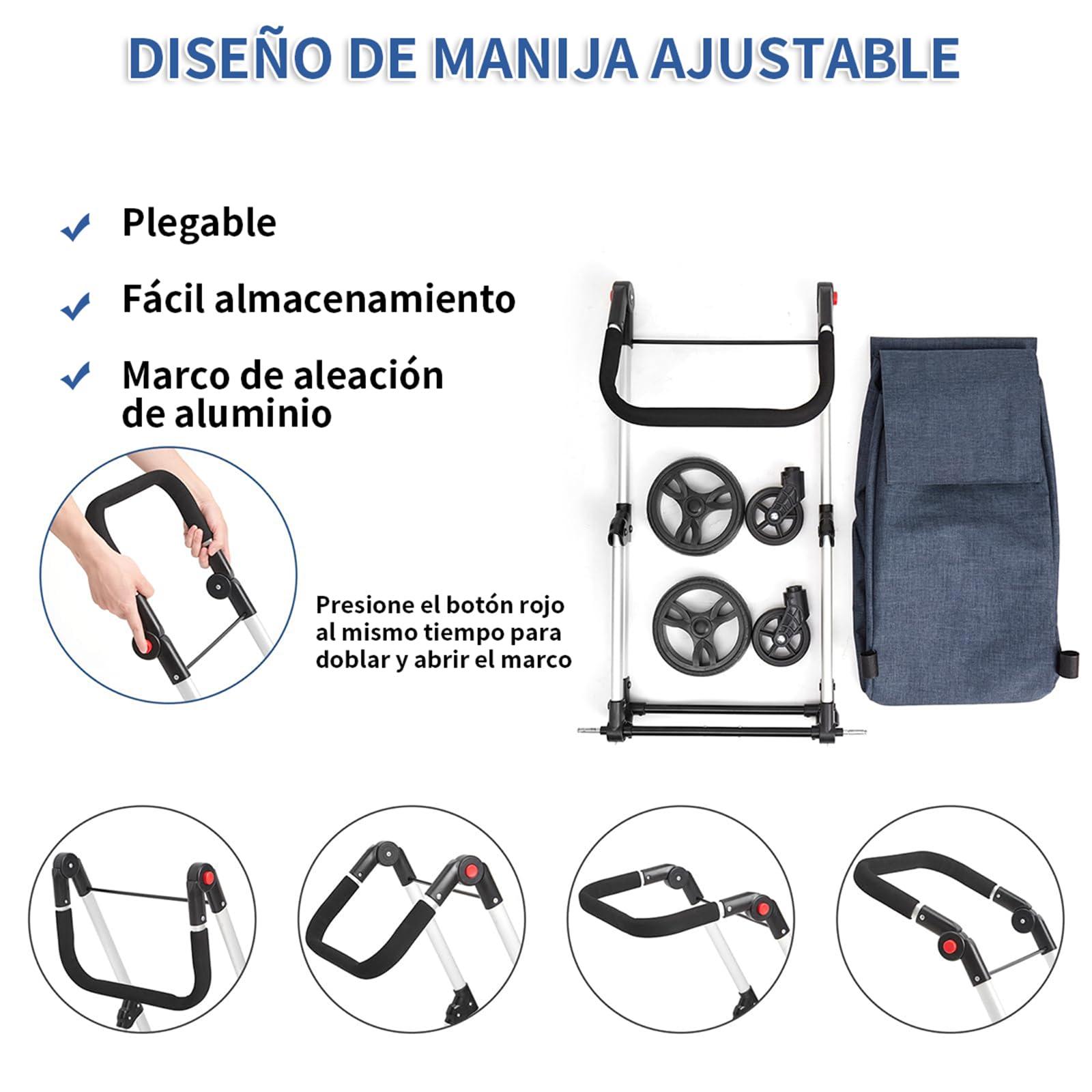 Carros de Compra, con Bolsillo para Congelados, 46L Carro de la Compra de 4 Ruedas, Carrito Compra Plegable de Aluminio (Azul)