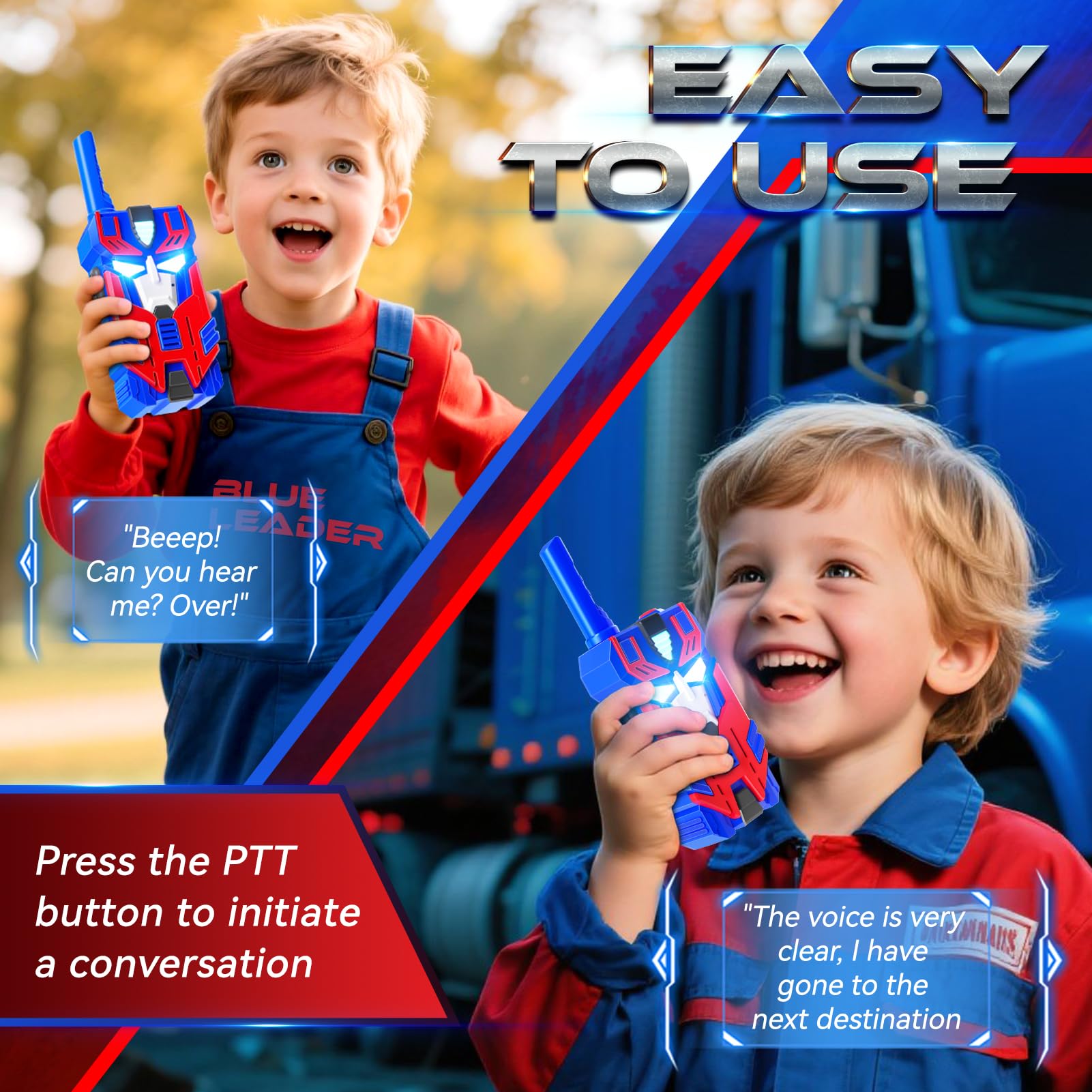 Transform Toys Walkie Talkies para niños, paquete de 2 robot líder azul, rango de 2500 pies, luces de ojos geniales para 3, 4, 5, 6, 7, 8, 9, 10 años, juguetes de campamento al aire libre, regalos de 4