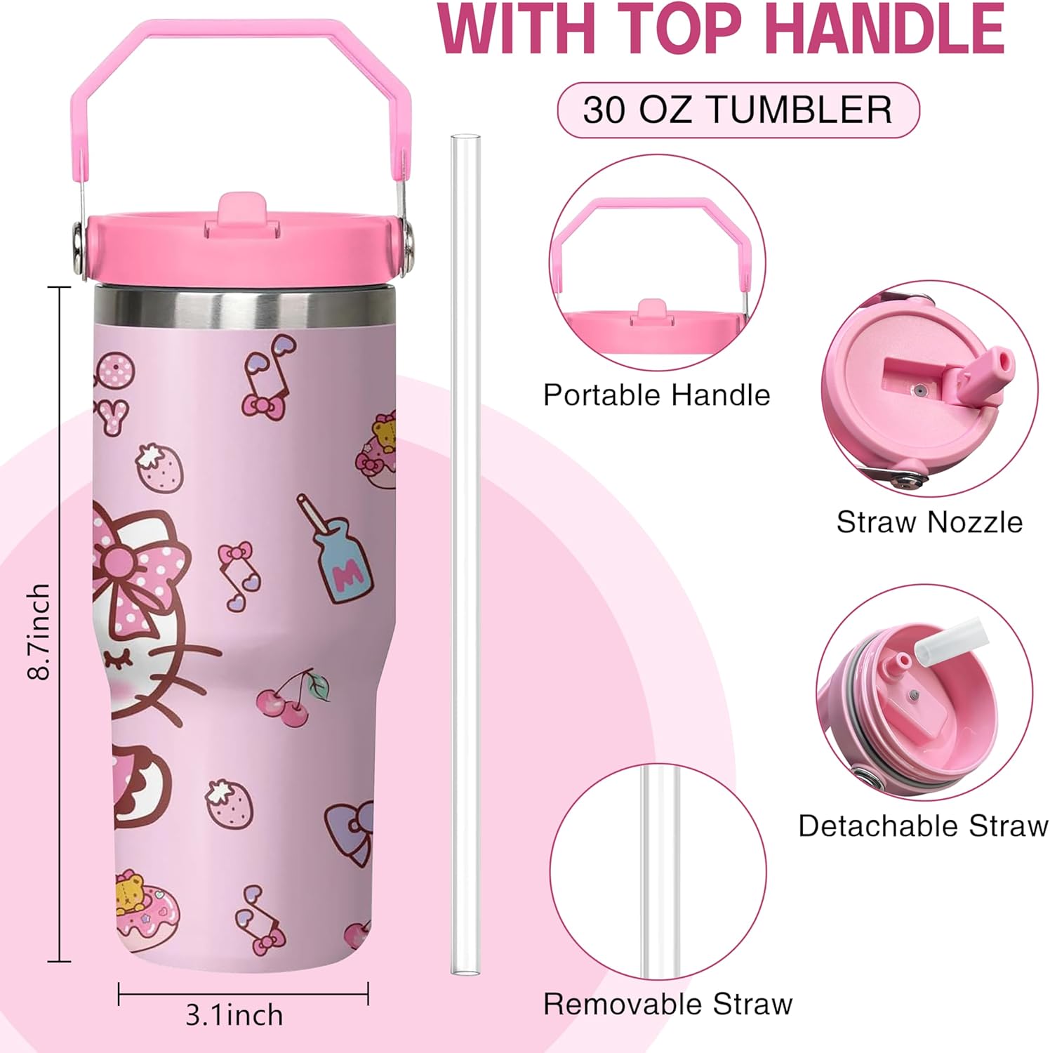 Tumbler for Adults Water Bottle Double Wall Cups for Kids 20 oz Pink Coffee Mug Stuff Cat Insulated Cup Gifts for Girl Women - Image 2