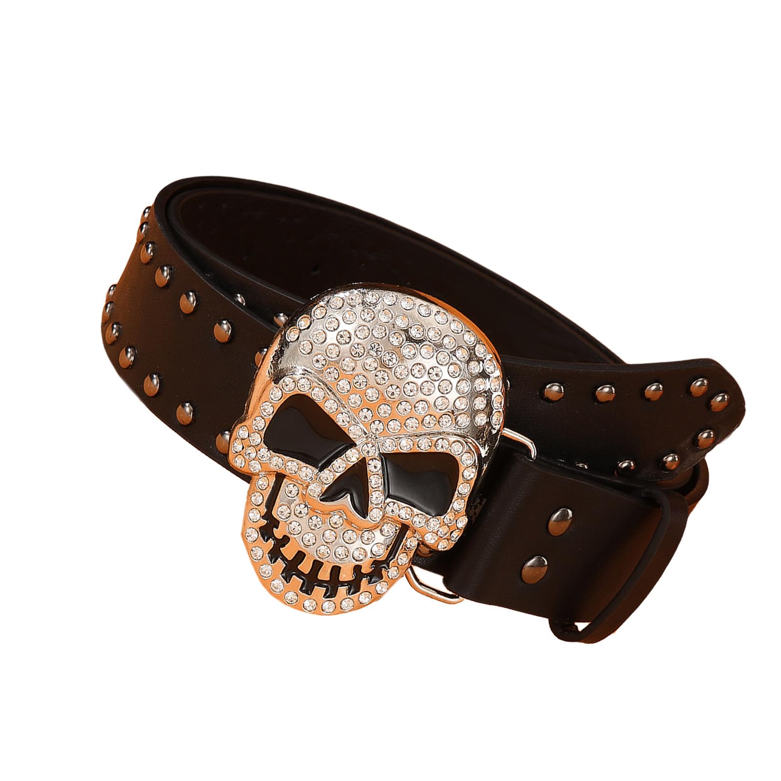 Mirweon Elegant Rhinestones Skull Buckle Belt For Women Men Punk Rivet Studded Belt For Jeans Pants Cool Rockers Party Waistband Skull Head Buckle