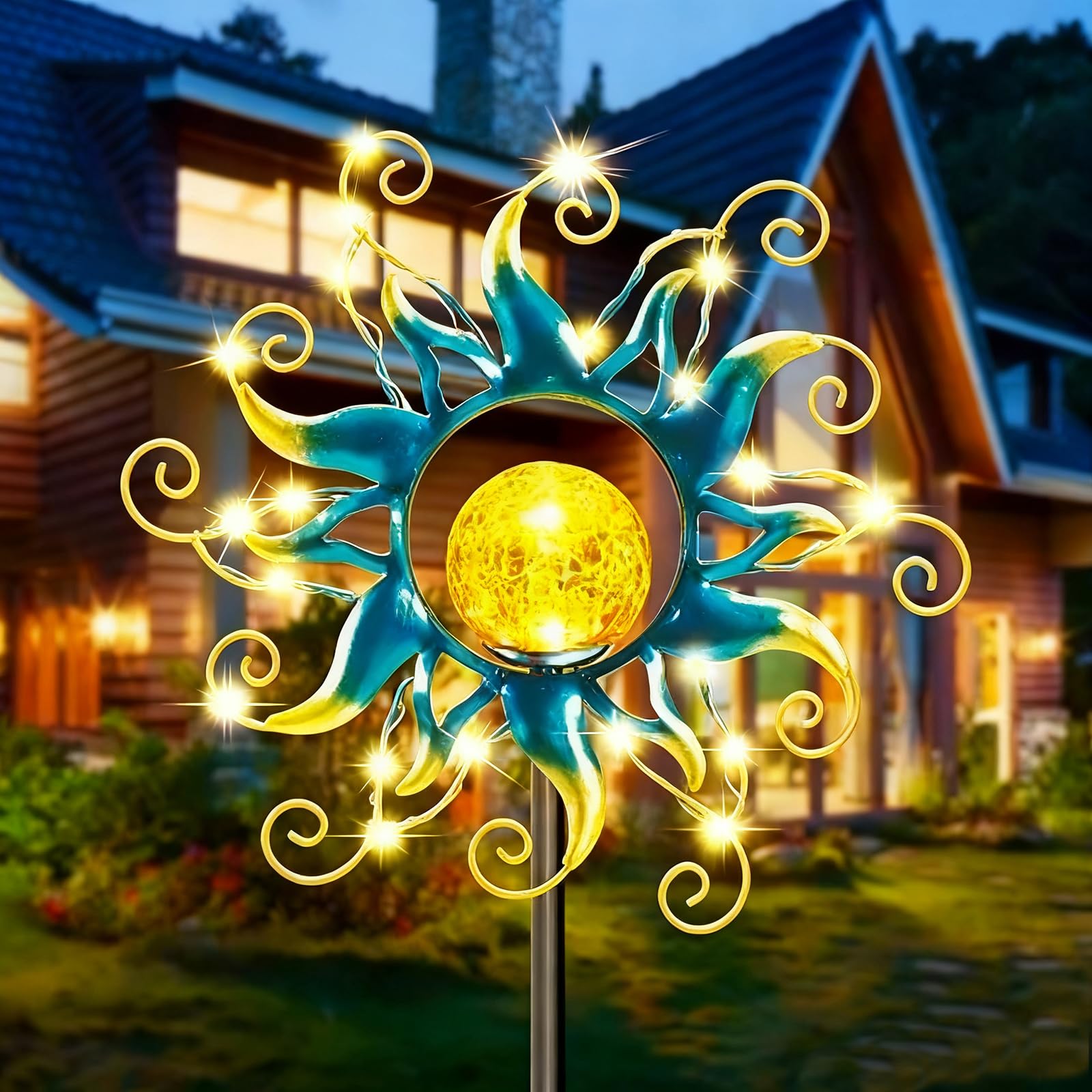 Solar Garden Lights Metal Sun Decor, Golden Blue Stake Decorative with Vine String Shining LED Lamps Art Sun Sculpture Crackle Glass Globe Outdoor Lawn Yard Ornament, (TYD01)