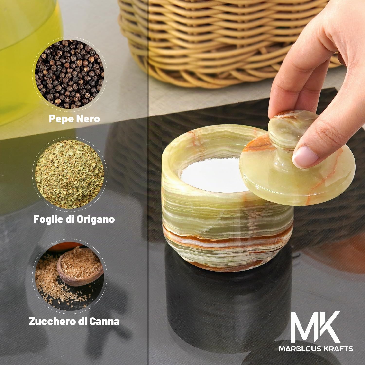MARBLOUS KRAFTS Elegante distributore di zucchero in marmo da 99,2 g, contenitore per sale e decorazione in marmo, 7,6 x 7,6 cm, decorazione da cucina e sale e pepe, dispenser di sale (onice verde)