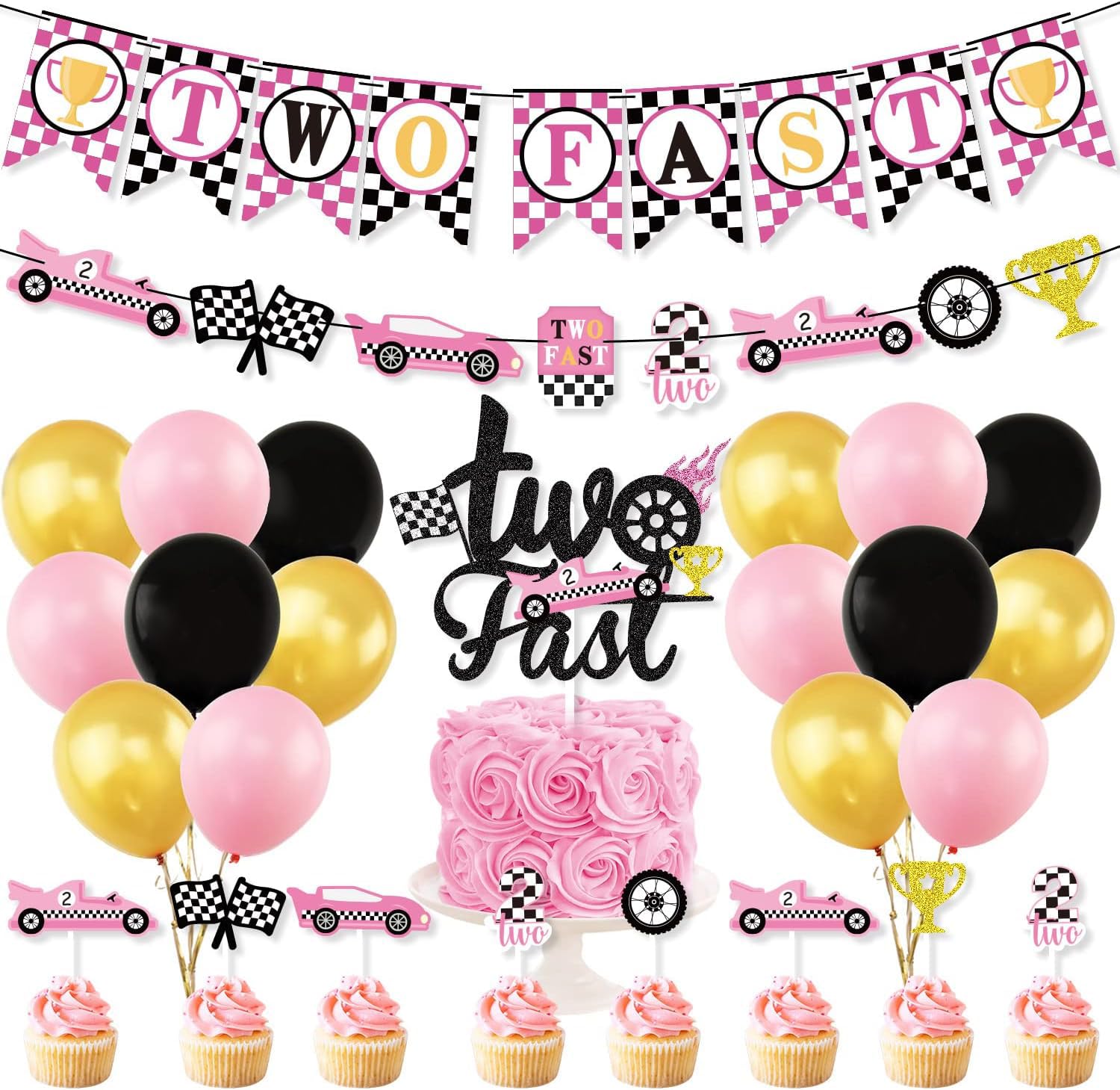 Festiko® Set of 45 Pcs Racing Car Theme Two Fast Birthday Decoration, 2nd Birthday Party Decoration For Girls, Race Car