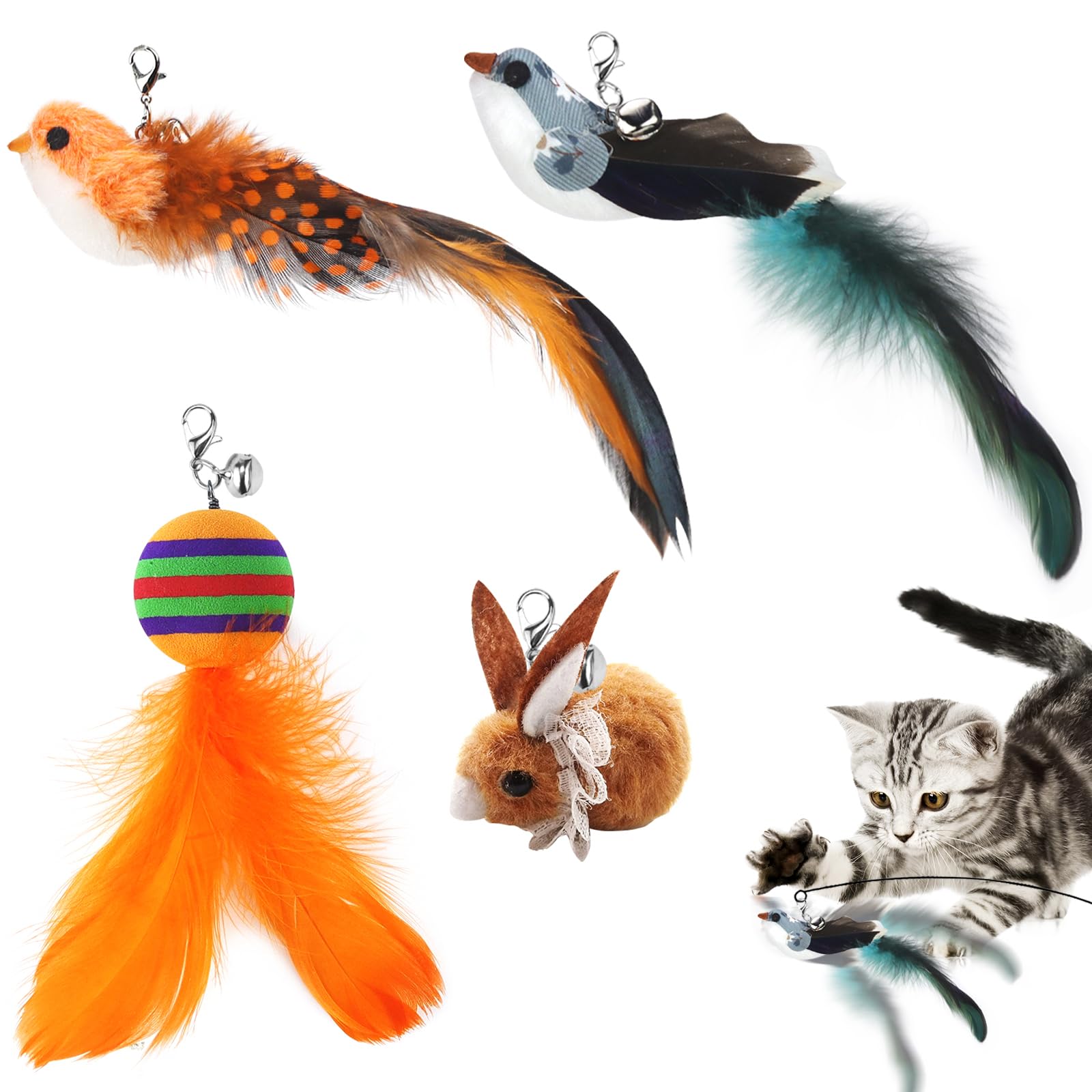 Juguete interactivo para gatos, pájaro con plumas, plumas de repuesto, 4 unidades, juguete interactivo de repuesto con cascabel y pluma, juguete interactivo para gatos pequeños y grandes