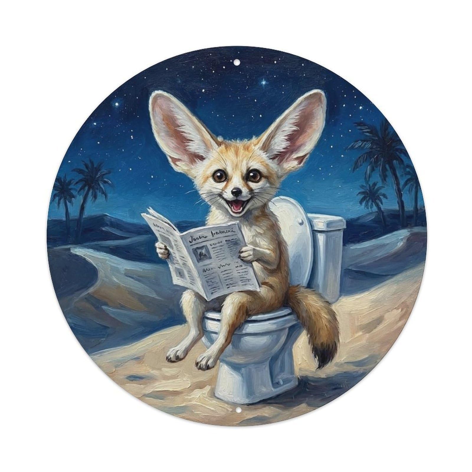 Fennec Fox On Toilet Humorous Bathroom Desert Dunes Moon Metal Tin Sign