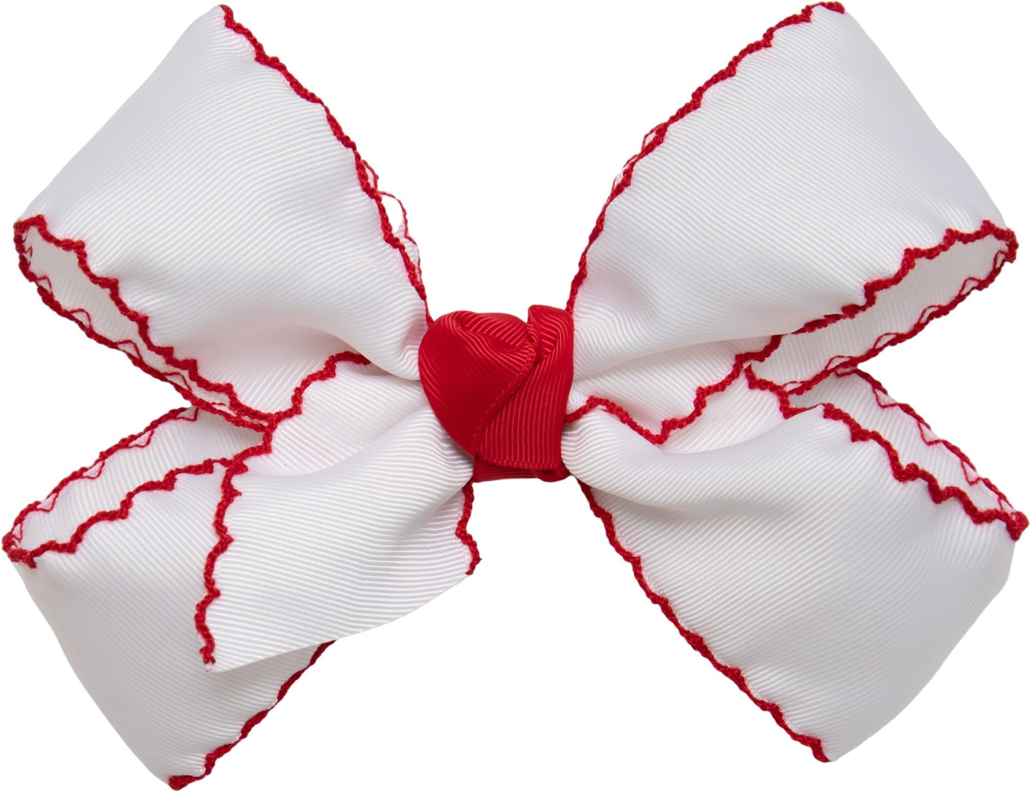 HairbowsGirls' Grosgrain Moonstitch Hair Bow with a Knot Wrap Center on a Clip, All Ages and Hair Types, 6 Inch Bow, White w/Red Trim