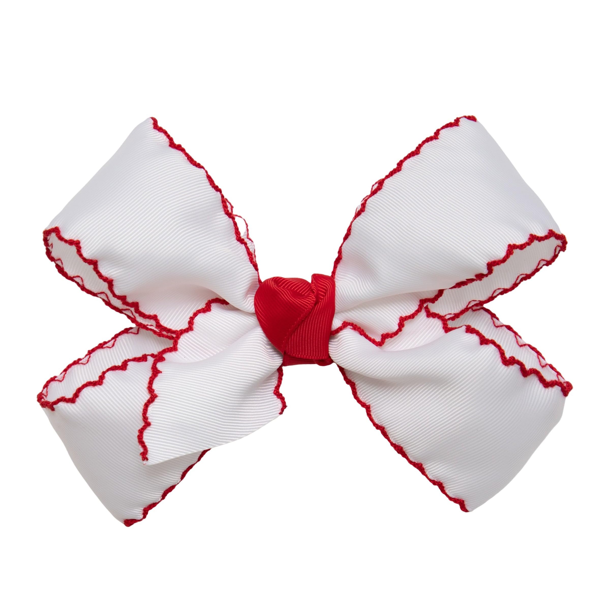 HairbowsGirls' Grosgrain Moonstitch Hair Bow with a Knot Wrap Center on a Clip, All Ages and Hair Types, 6 Inch Bow, White w/Red Trim