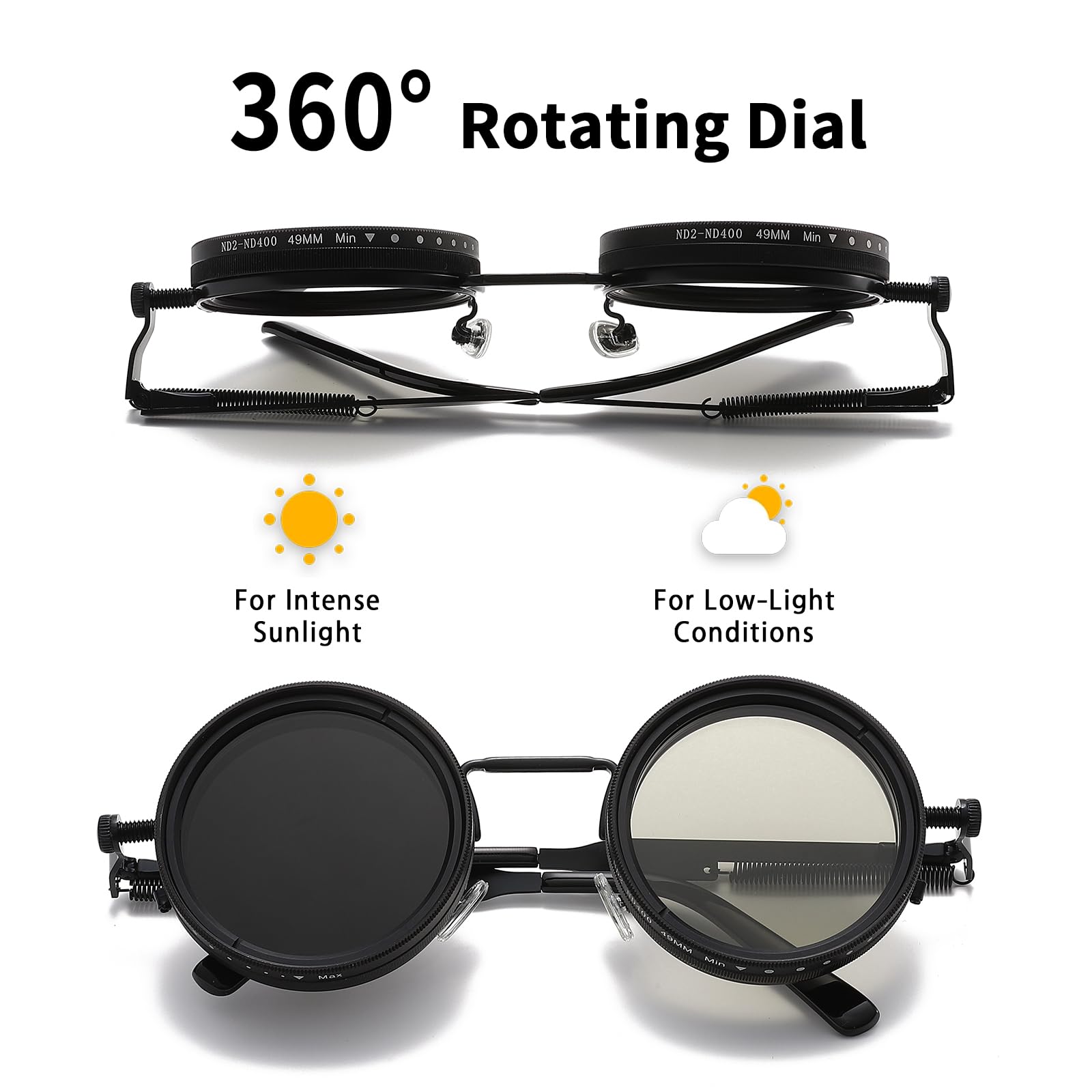 JOLLYNOVA Lunettes de soleil teintées réglables, verres polarisés ronds en métal Steampunk rétro avec filtre ND