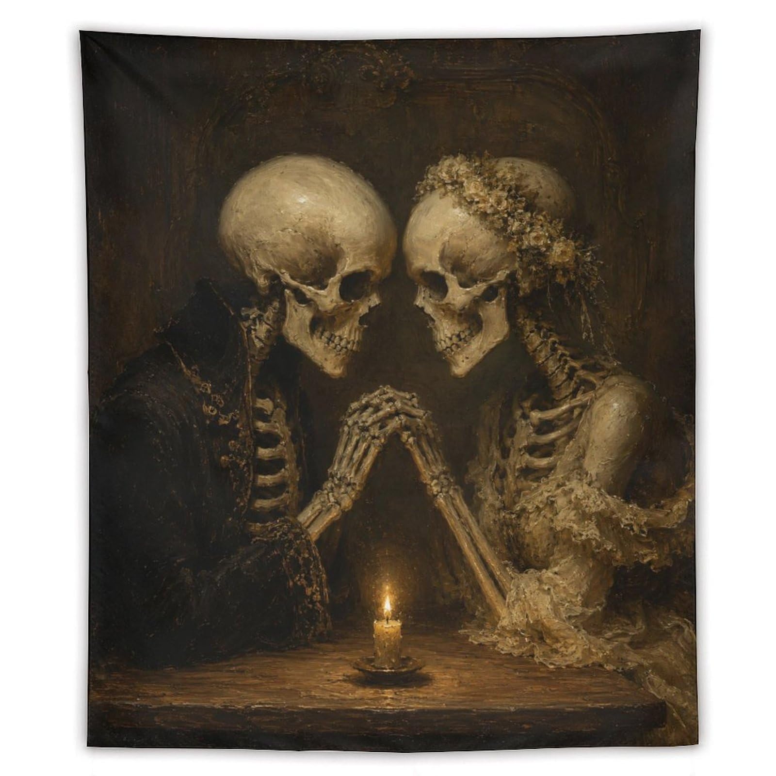 W7C8U2X3 Skeleton Couple Candlelight Wall Tapestry, Moonlit Field