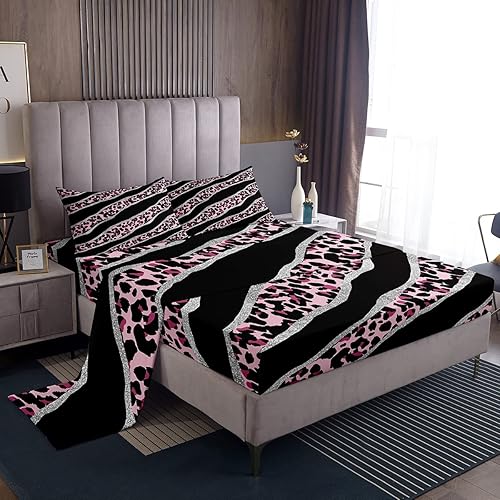 Erosebridal Juego de sábanas con estampado de guepardo rosa, diseño de leopardo elegante, tamaño Queen, sábanas de piel de animales de selva,