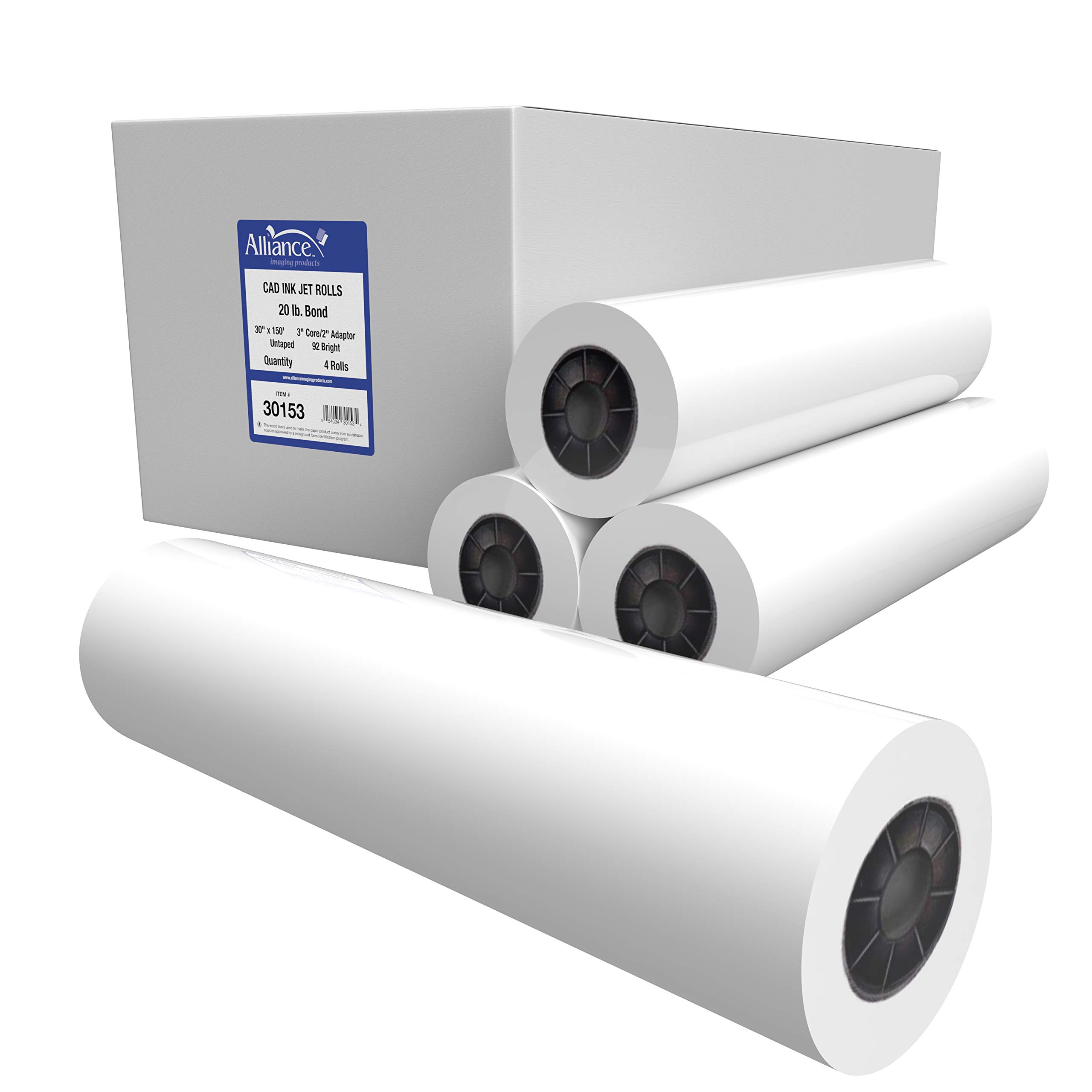 Alliance Wide Format Paper Rolls CAD Bond 30" Widths (4 Rolls, 30 In x 150 Ft | 3" Core)