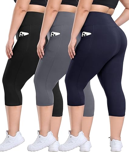 3 Pack Plus Size Leggings with Pockets for Women - High Waisted Tummy Control Spandex Soft Black Workout Yoga Pants
