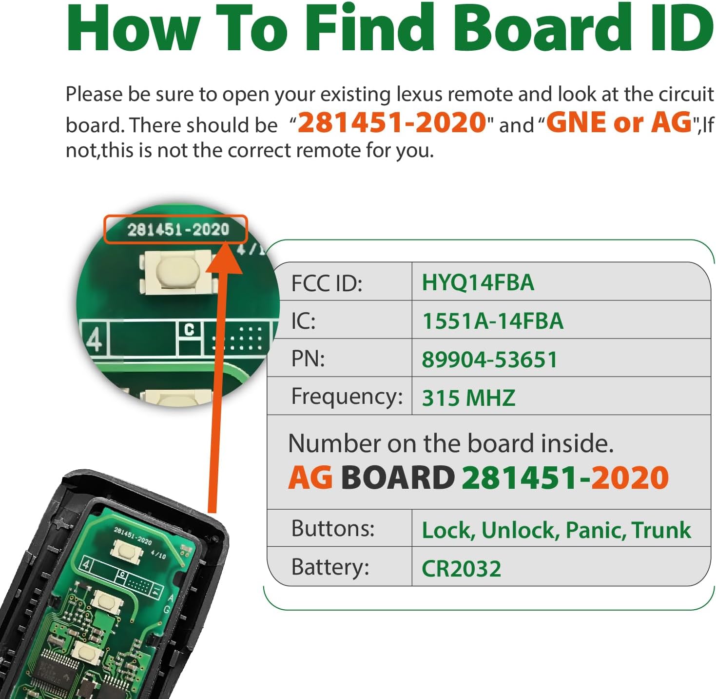Replacement for 2013 2014 2015 2016 2017 2018 2019 2020 Smart Proximity Lexus IS200 IS200T IS250 IS300 IS350 RC300 GNE 281451-2020 Board Key Fob HYQ14FBA 315MHz 4 Buttons