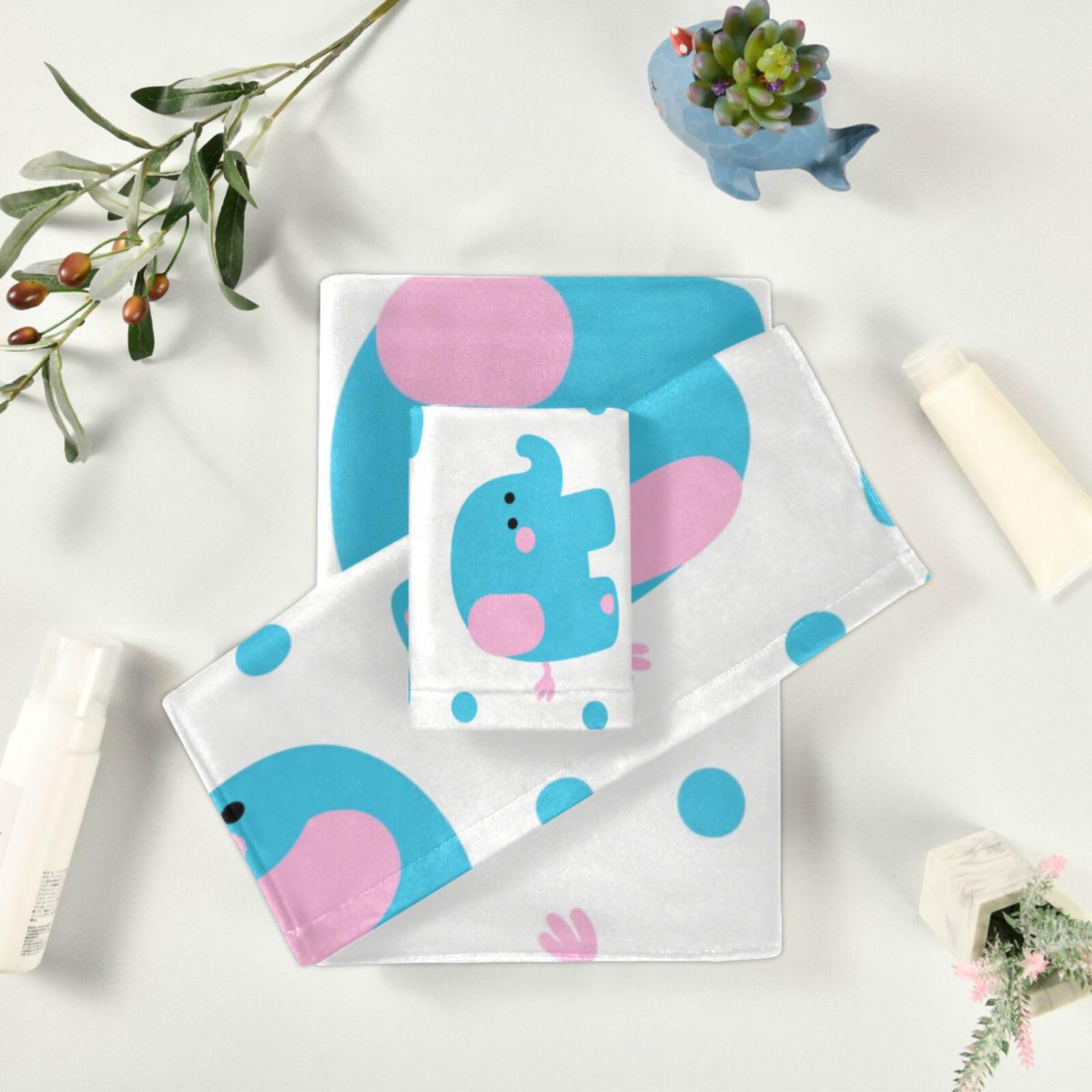 Set di 3 asciugamani morbidi per il viso con elefanti blu in stile cartone animato, 1 asciugamano da bagno, 1 asciugamano per le mani, 1 panno per la casa, cucina e famiglia