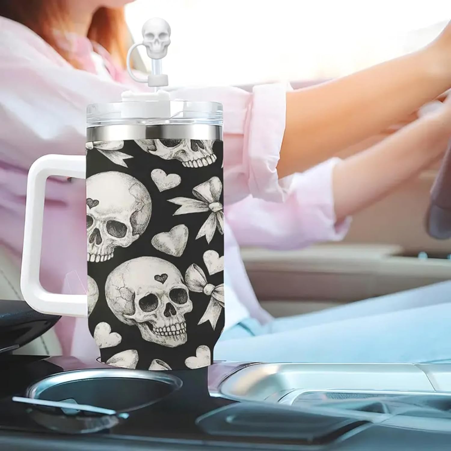 Skull Straw Cover Cap for Stanley Cup, 4Pcs 10mm Silicone Straws Protector Halloween Straw Topper Compatible with 30&40 Oz Tumbler, Black White Rose Red Purple Skull Halloween Stanley Cup Accessories - Image 5