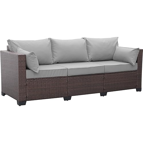 Rattaner Patio Furniture 3 Seater Sofa Outdoor Furniture Outdoor Couch Deep Seat Hight Backrest with Waterproof Cover, Grey Anti-Slip Cushions