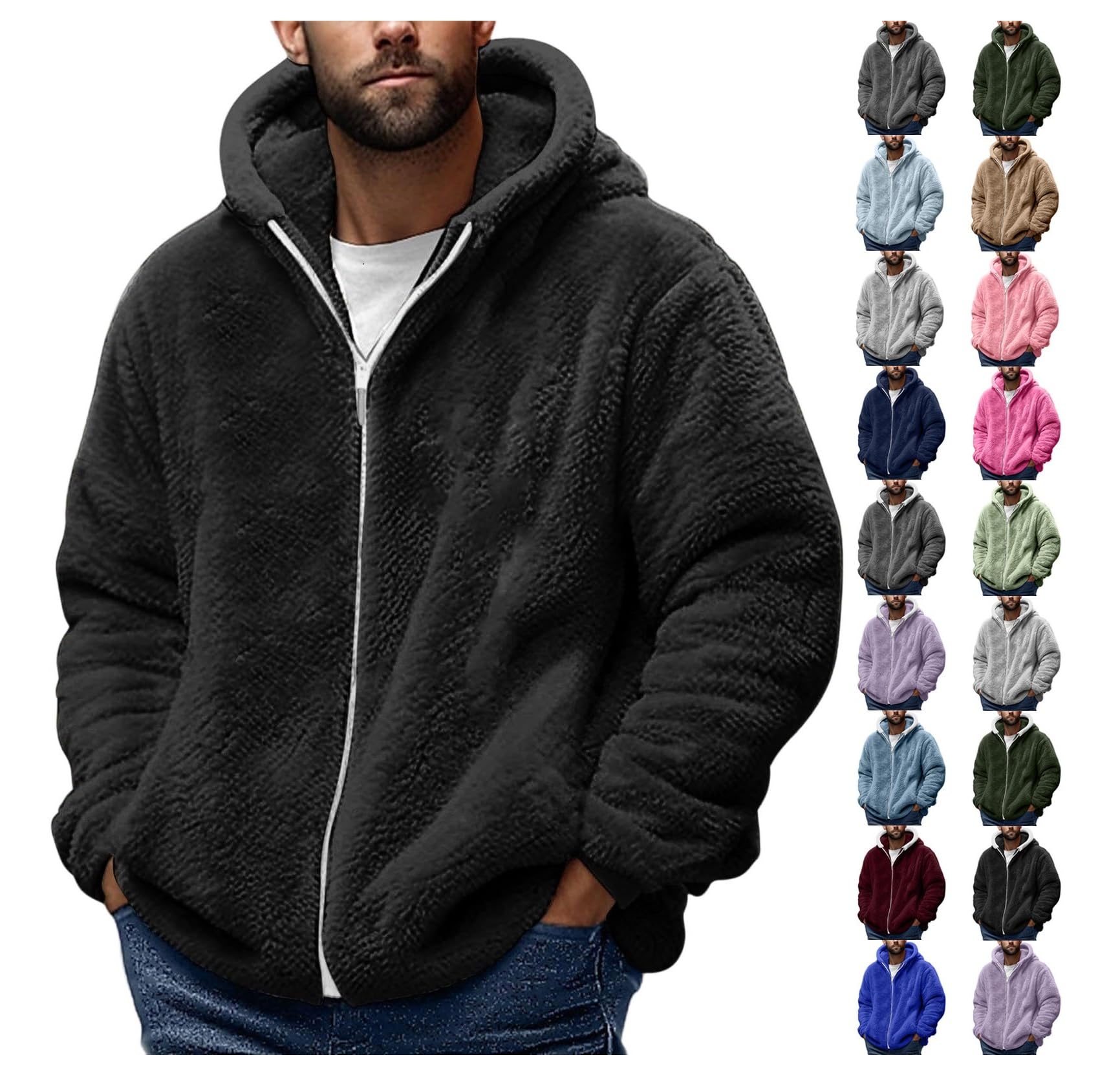 Noir,S,Blouson Polaire Sherpa Décontracté Pour Homme, Manches Longues, Fermeture éclair, Veste Douillette, Manteau D'hiver Chaud En Peluche