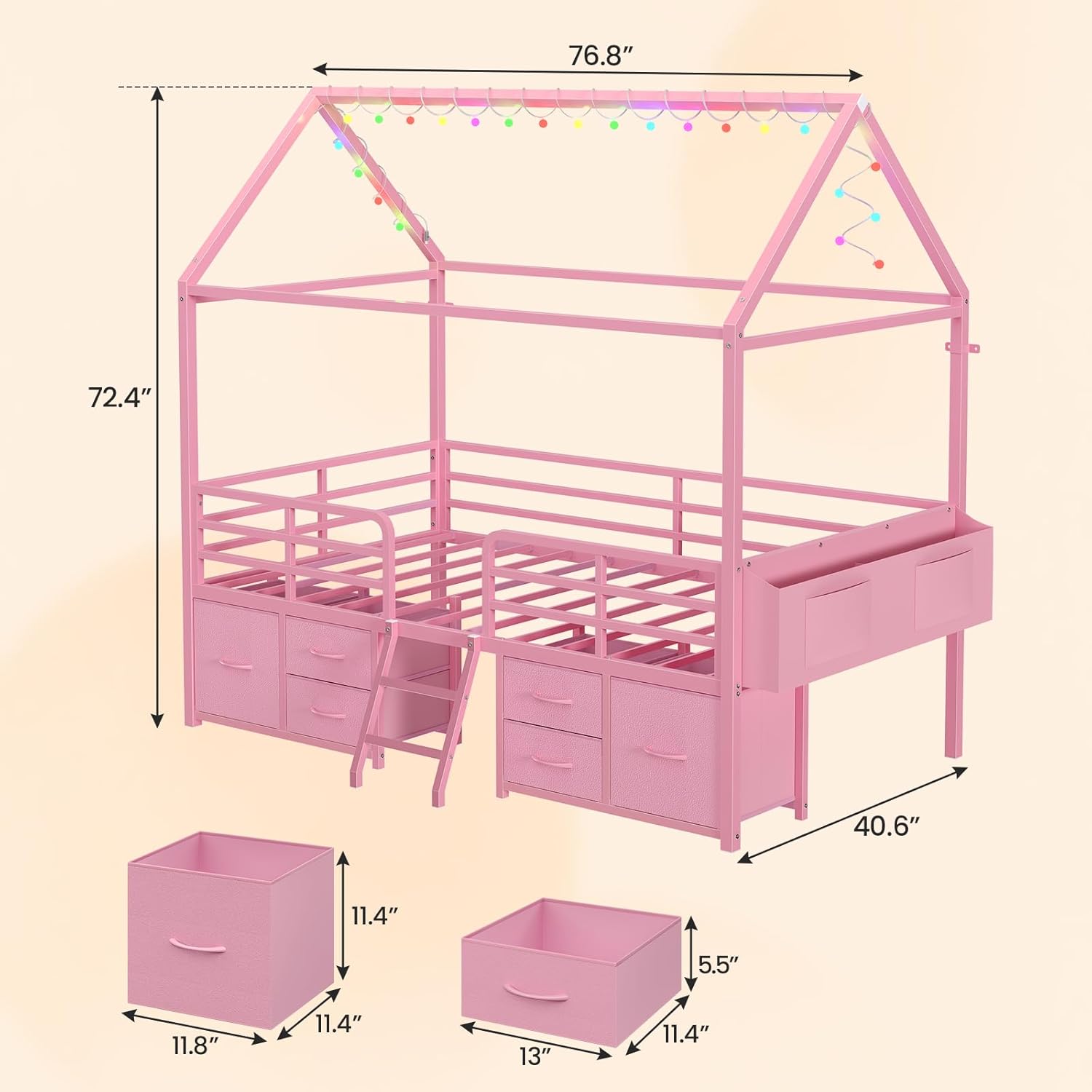 ADORNEVE Twin Size Bed Frame with 6 Drawers,House Bed with Globe String Lights Plug in,Metal Kids Bed with Safety Guardrail & Inclined Ladder,No Box Sping Needed,Pink