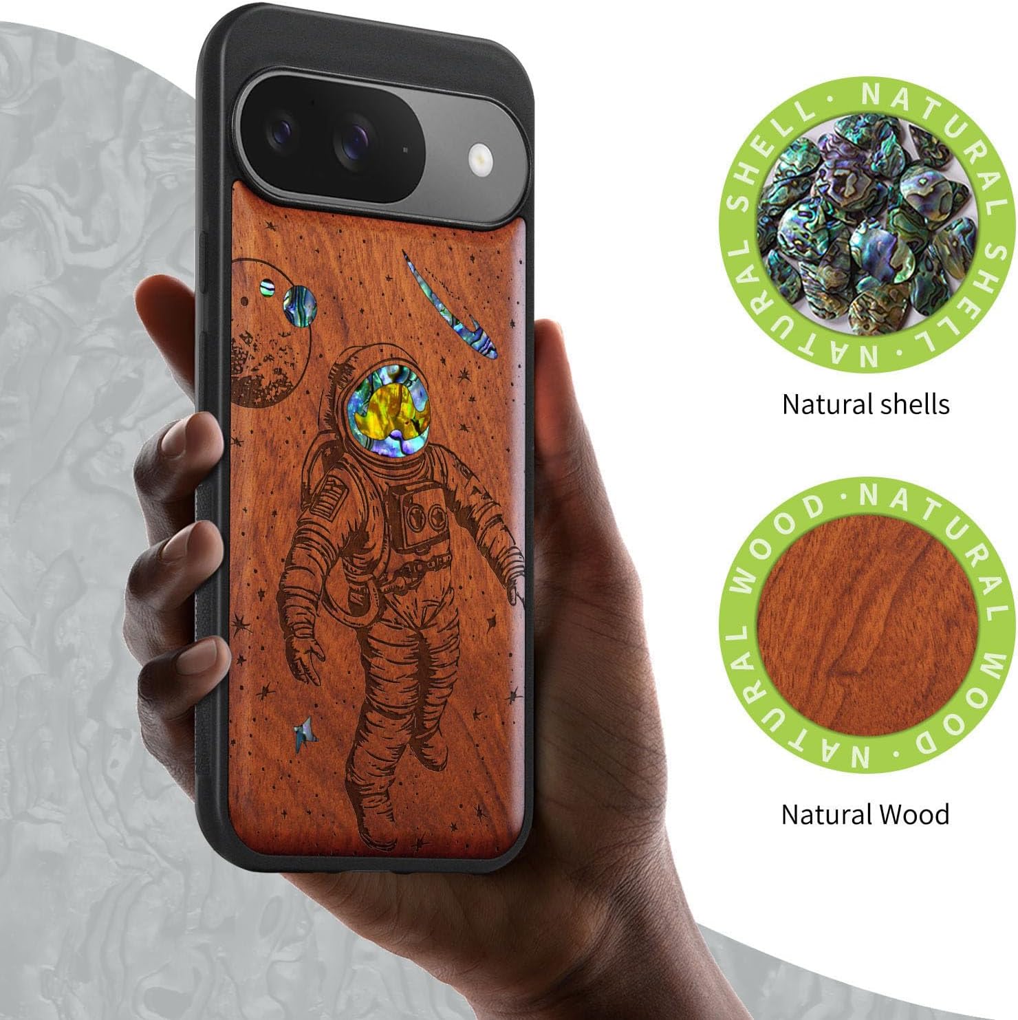 Carveit Magnetic Wooden Case for Google Pixel 9 Case, Wood Artisan Engraved & Handmade Shell Inlaid, Compatible with MagSafe Wireless Chargers, Cosmic Wanderer - Rosy