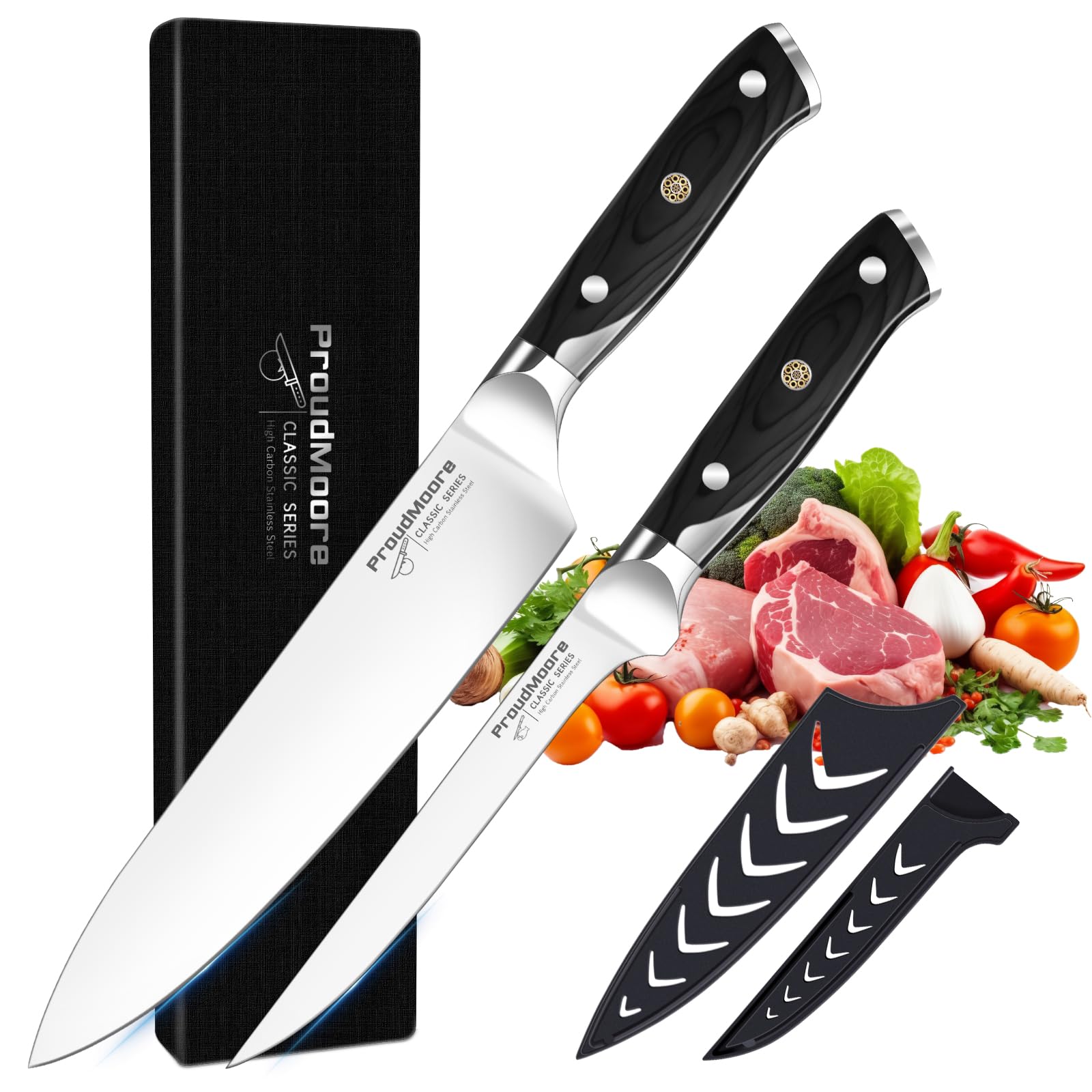 2 Pack Kitchen Knives Set 8 Chef Knife 6 Boning Knife High Carbon Stainless Steel Blade with Wooden