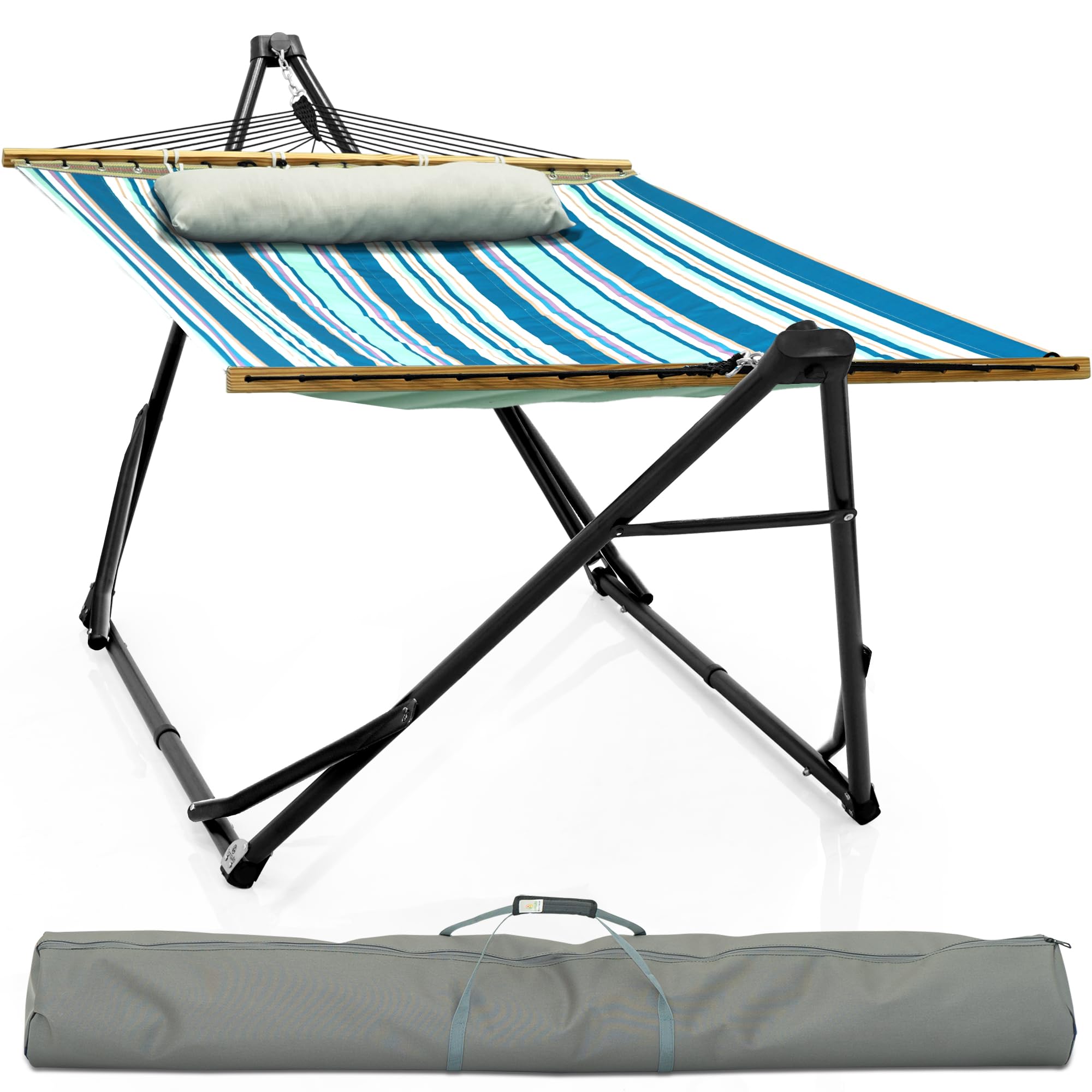 Tranquillo Unity with Hammock Stand, 800 lbs Capacity Steel Double Hammock Stand for 2 Persons, Premium Pre-Assembled Stand for Indoor Outdoor, Blue Leaf