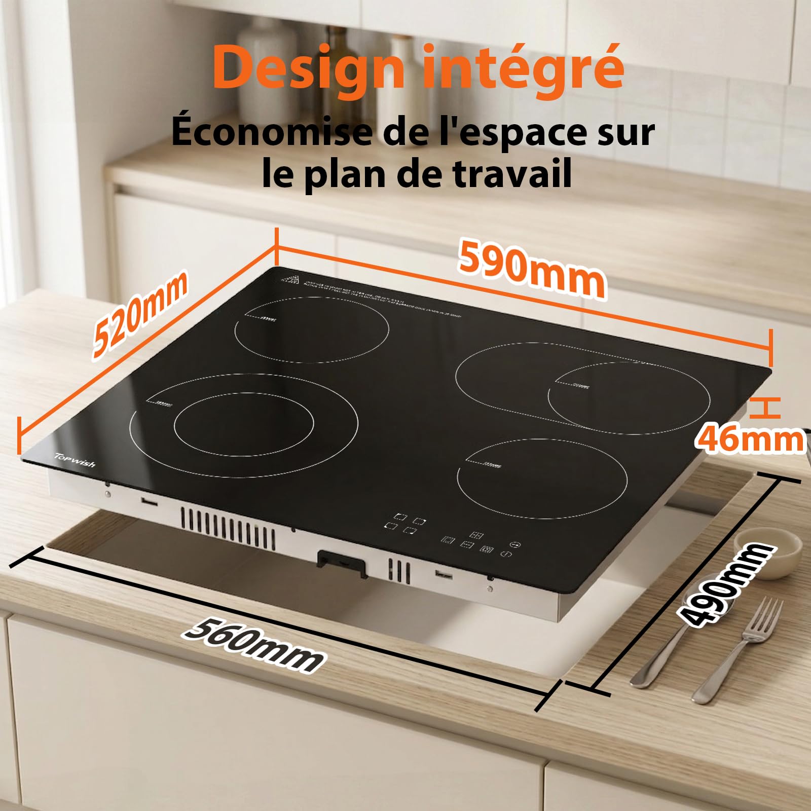 Topwish Plaque vitrocéramique 4 feux, plaque de cuisson vitrocéramique encastrable, plaque de cuisson electrique, tables de cuisson 60cm avec double zone extensible, verrou de sécurité, 6600W