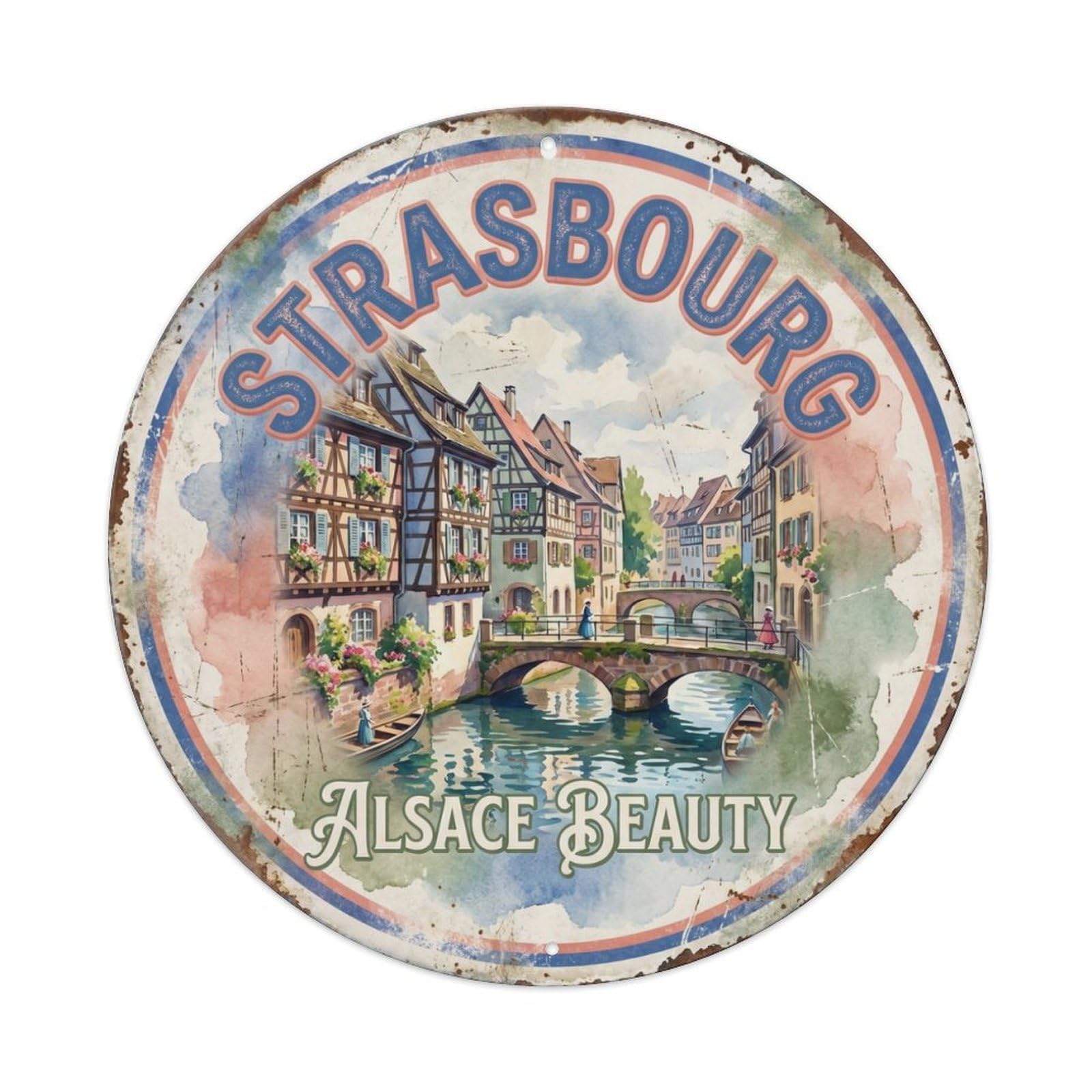 Vintage Travel Strasbourg France Alsace Metal Tin Sign Plaque Wall Decor for Cafe, Club Bar, Office, Home Garden Round Metal Poster 8x8Inch