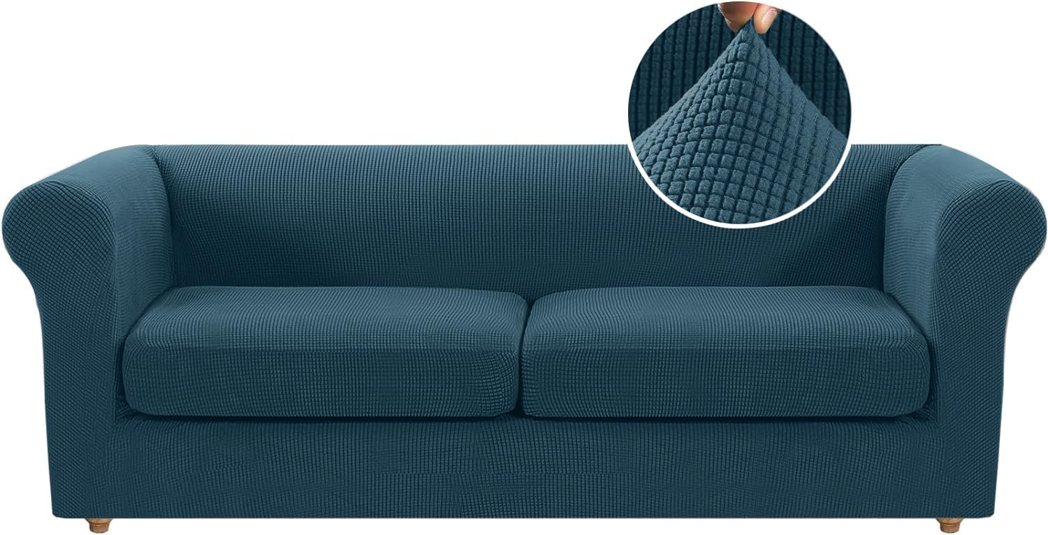 LINGKY Stretch Chesterfield Sofa Cover 2 Seater With 2 Separate Sofa Cushion Covers, Jacquard Spandex Non-Slip Sofa Slipcovers for Living Room Furniture Protector (Deep Teal,Large 2 Seater)