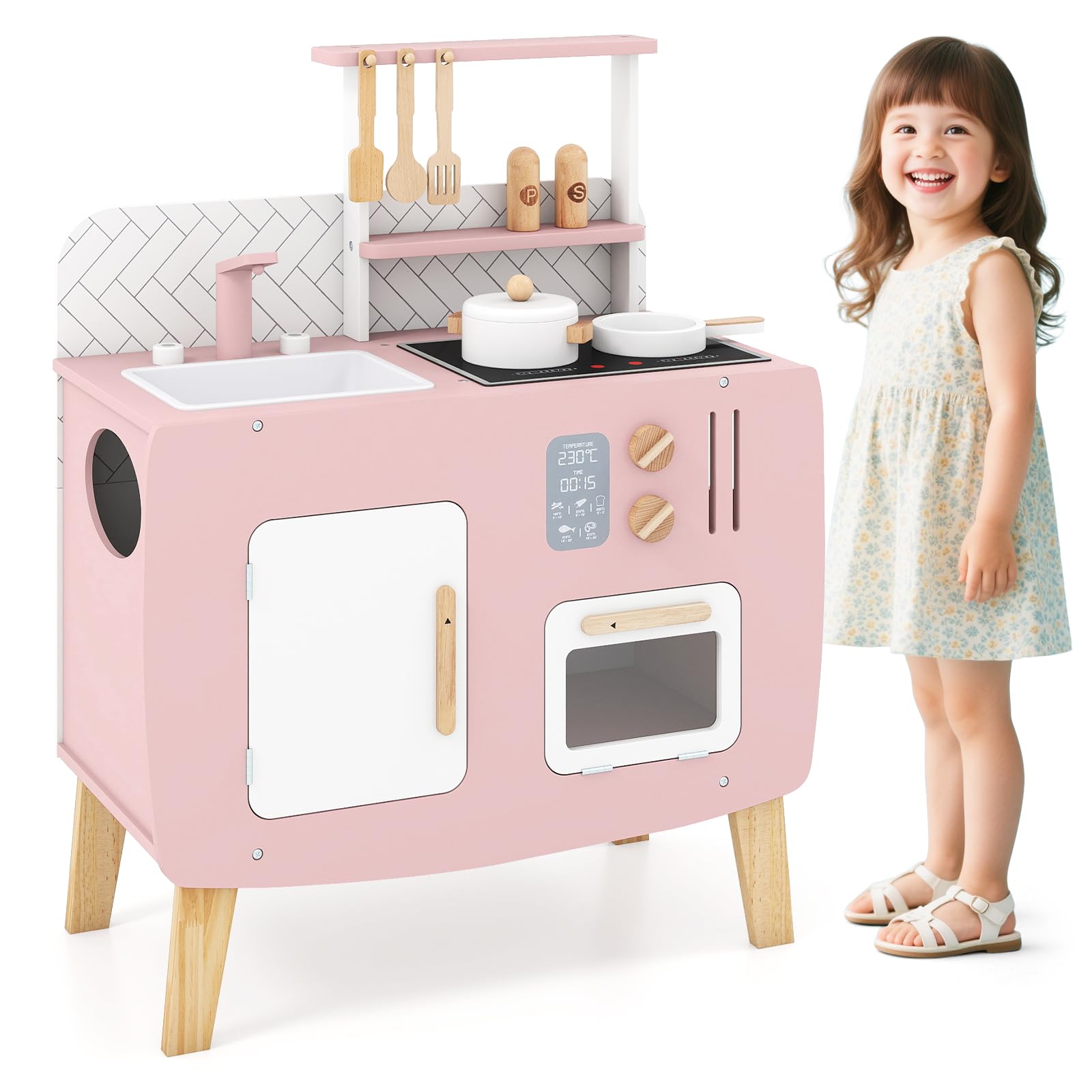 COSTWAY Cuisine Enfant en Bois avec Effet Sonore & 7 Accessoires, Jeu de Cuisine Rose avec Micro-Ondes & Évier & Robinet, Armoire, Étagère, Jeu d'Imitation pour Enfants de 3 Ans+