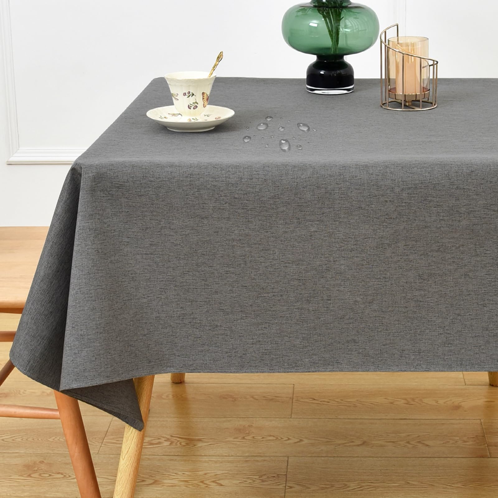 NEWISHER Farmhouse Water Resistant Rectangle Tablecloth 140x200 cm (55x78 inch), Faux Linen Table Cloth Wipe Clean, Washable Table Cover for Kitchen Dining, Party, Banquet Indoor Outdoor (Dark Grey)