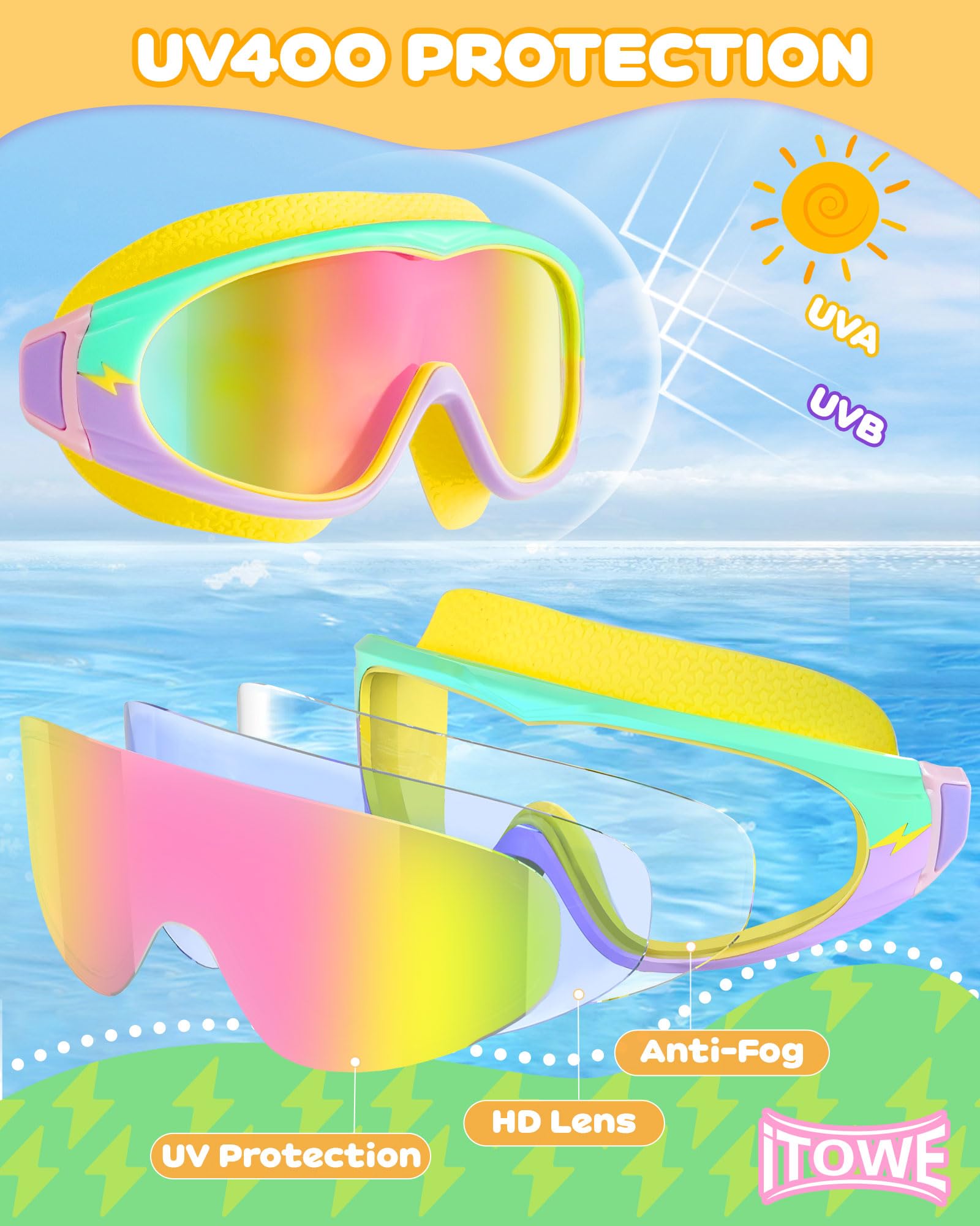 2 Stück Weitsicht-Schwimmbrille, kein Auslaufen, Kinder-Schwimmbrille mit Anti-Beschlag/UV-HD-Ansicht, Kinderbrille für Jungen und Mädchen 3–15