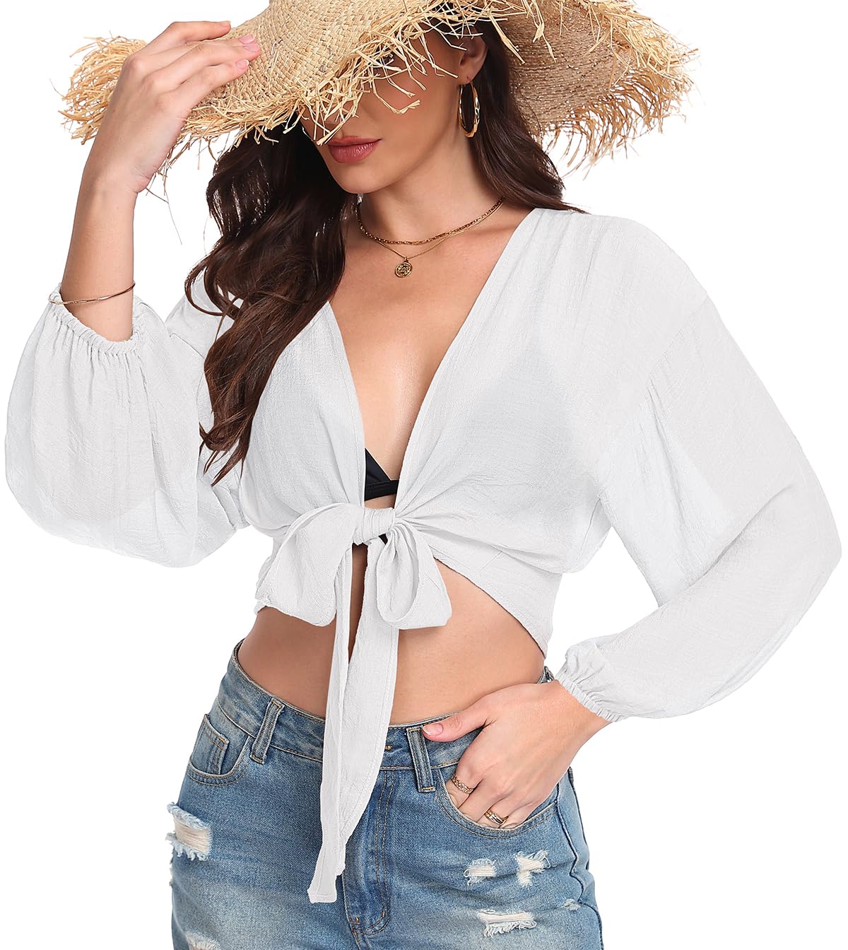 Womens Tie Front Tops Swimwear Cover Ups Long Sleeve Cropped Cardigan Swimsuit Beach Shirt