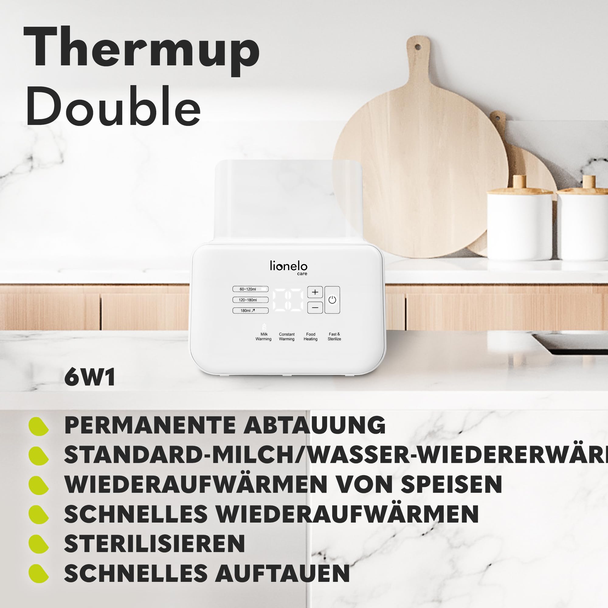 LIONELO THERMUP Doppel-Flaschenwärmer, 2 Flaschen gleichzeitig, erhitzen Erhitzen der Milch in 3-5 Minuten, 6 Arbeitsmodi, Funktion Sterilisator und Defrost, Ruhige Arbeit, Sicher zu benutzen
