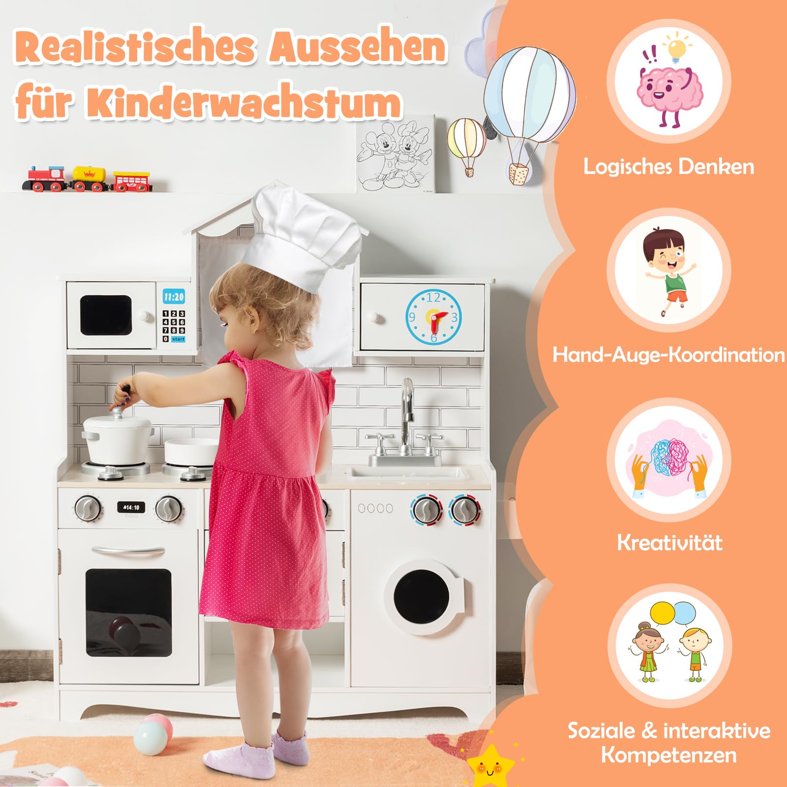 DREAMADE Kinderküche aus Holz, Spielküche mit Spielzubehör, Kinderspielküche mit Spüle Herd Backofen Mikrowelle Waschmaschine, Holzküche Spielzeugküche für Kinder ab 3 Jahren, 78 x 29 x 93 cm