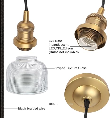 Miniatura 6 de Yosoan Indoor Vintage Pendant Light with Striped Shade, 1-Light Hardwired Edison Vanity Fixture Industrial Semi Flush Mount Lamp Bowl Texture Glass