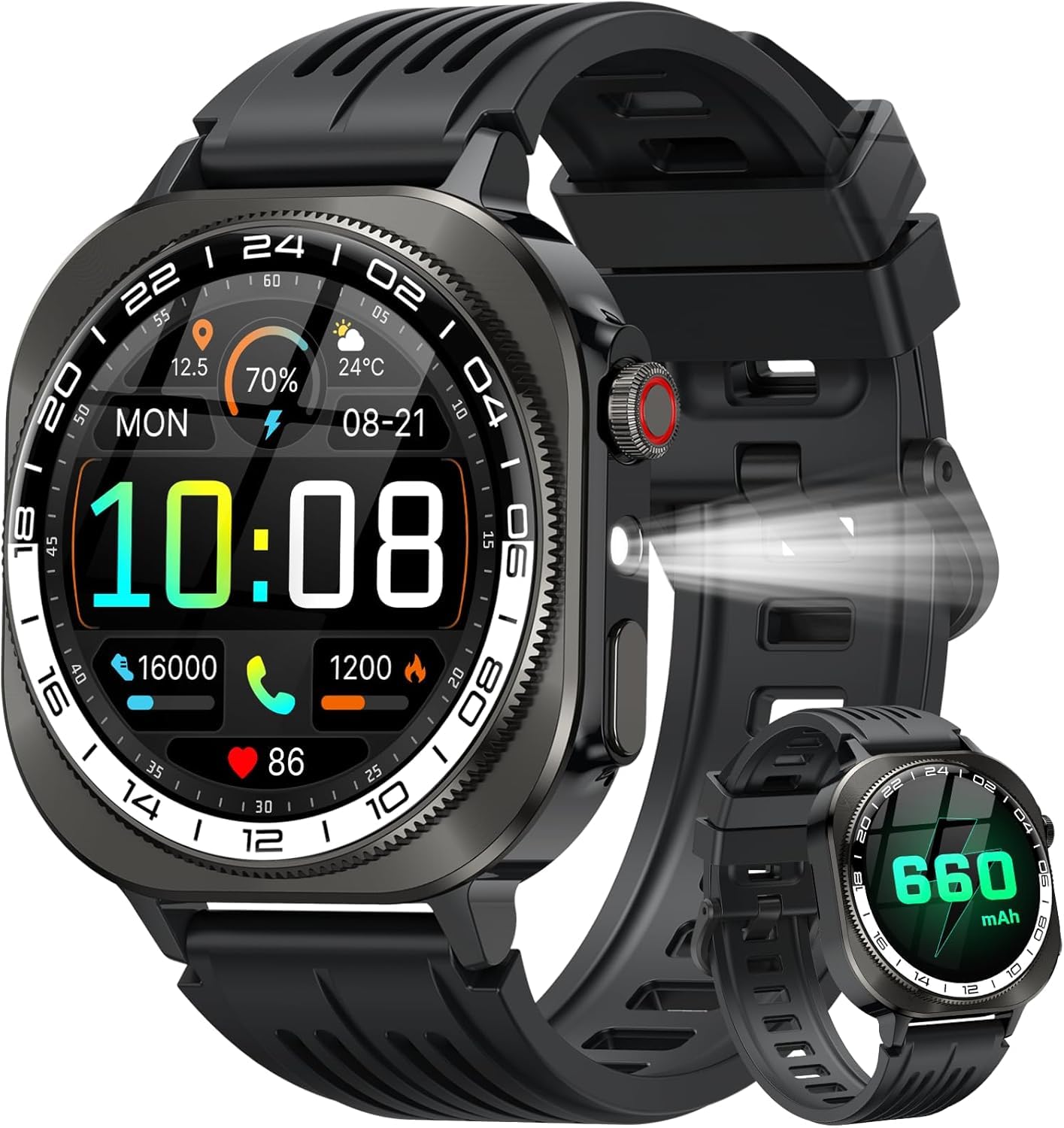 Militär Smartwatch Herren Damen, 2026 Neu Rund 1.43″ AMOLED Fitnessuhr mit Telefonfunktion, Smart Watch mit LED Taschenlampe/130+ Sportmodi/Herzfrequenz, IP68 Wasserdicht Sportuhr für iOS/Android