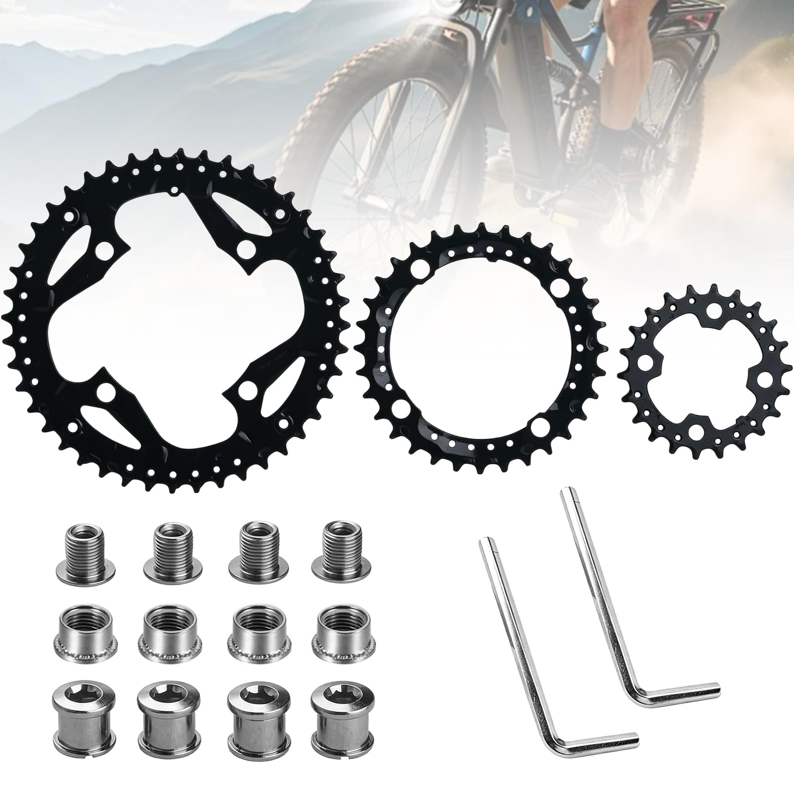 64/104 BCD MTB zębatka łańcuchowa, 3 x 9S 22T 32T 44T potrójna tarcza łańcuchowa do roweru, okrągła, zestaw potrójnych tarcz łańcuchowych z 2 kluczami do roweru górskiego, część zestawu