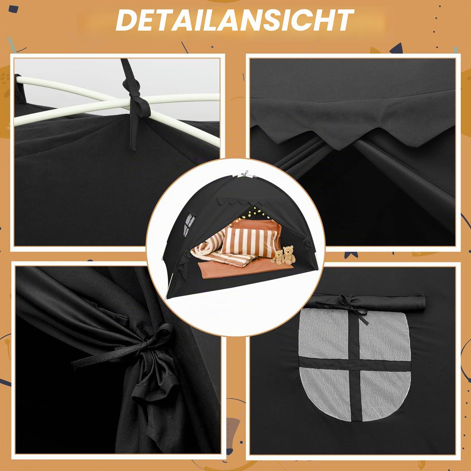 Kinder Bettzelt 196x98x125cm Kinderzelt mit Fenstern Bett Baldachin Zelt Vielseitig Robust Groß Spielzelt Kinder für Bett Schlafzimmer Kinderzimmer Drinnen Draußen (schwarz)
