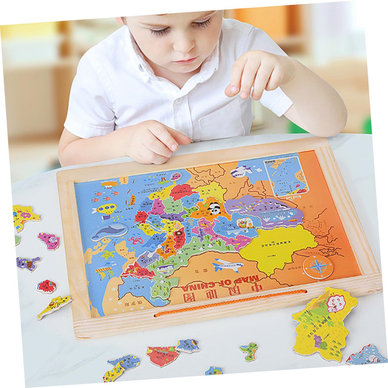 HEMOTON Rompecabezas de Mapas del Mundo China de Madera para Niños, Juego Educativo Que Mejora la Coordinación Mano-Ojo y Habilidades de Pensamiento Aprendizaje de Geografía