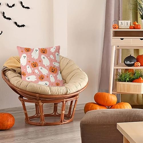 Miniatura 5 de Fundas de almohada de Halloween de 20 x 20 pulgadas, diseño de calabazas fantasmas, de lino rosa, para interiores y exteriores, decoración de sofá