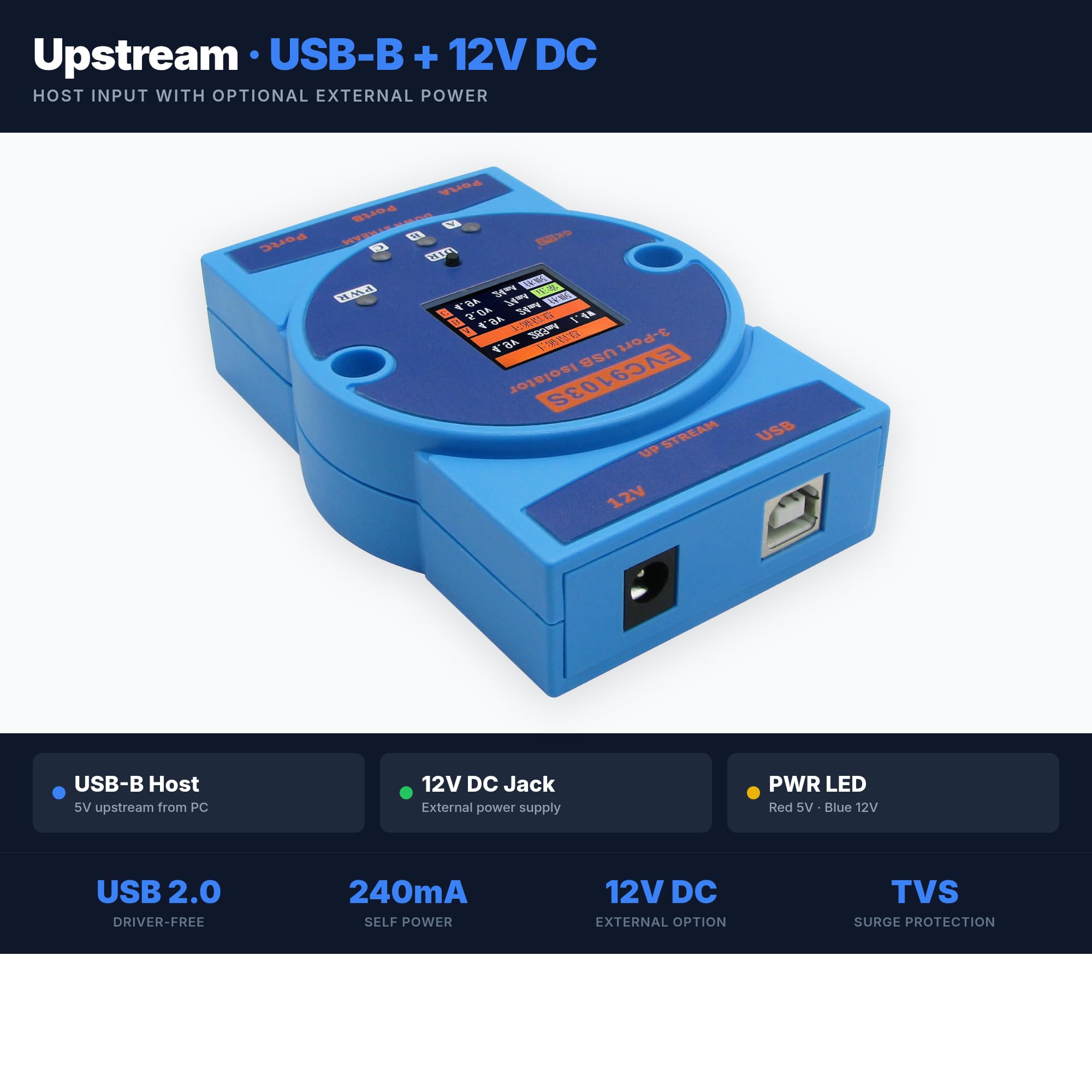 Isolatore USB 2.0 ad alta velocità di grado industriale 1 a 3 porte USB Hub isolato Velocità massima fino a 480Mbps (EVC9103S)