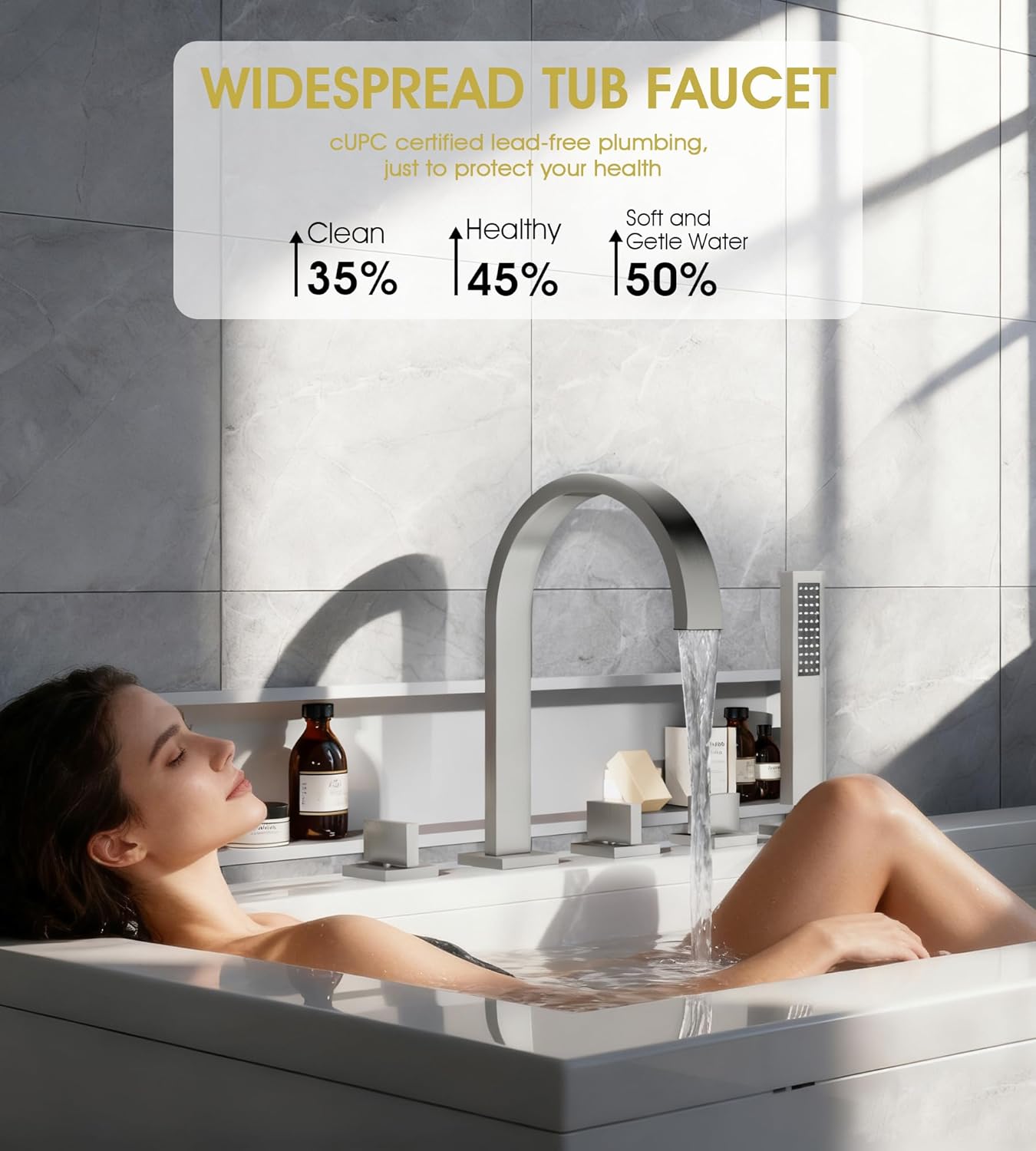 Roman Bathtub Faucet Set with Handheld Sprayer and Rough-in Valve Widespread Deck Mount 5 Hole Classic High Arch Tub Faucets Trim Kit 3 Handle with Diverter Lever Bath Tub Filler (Brushed nickel)