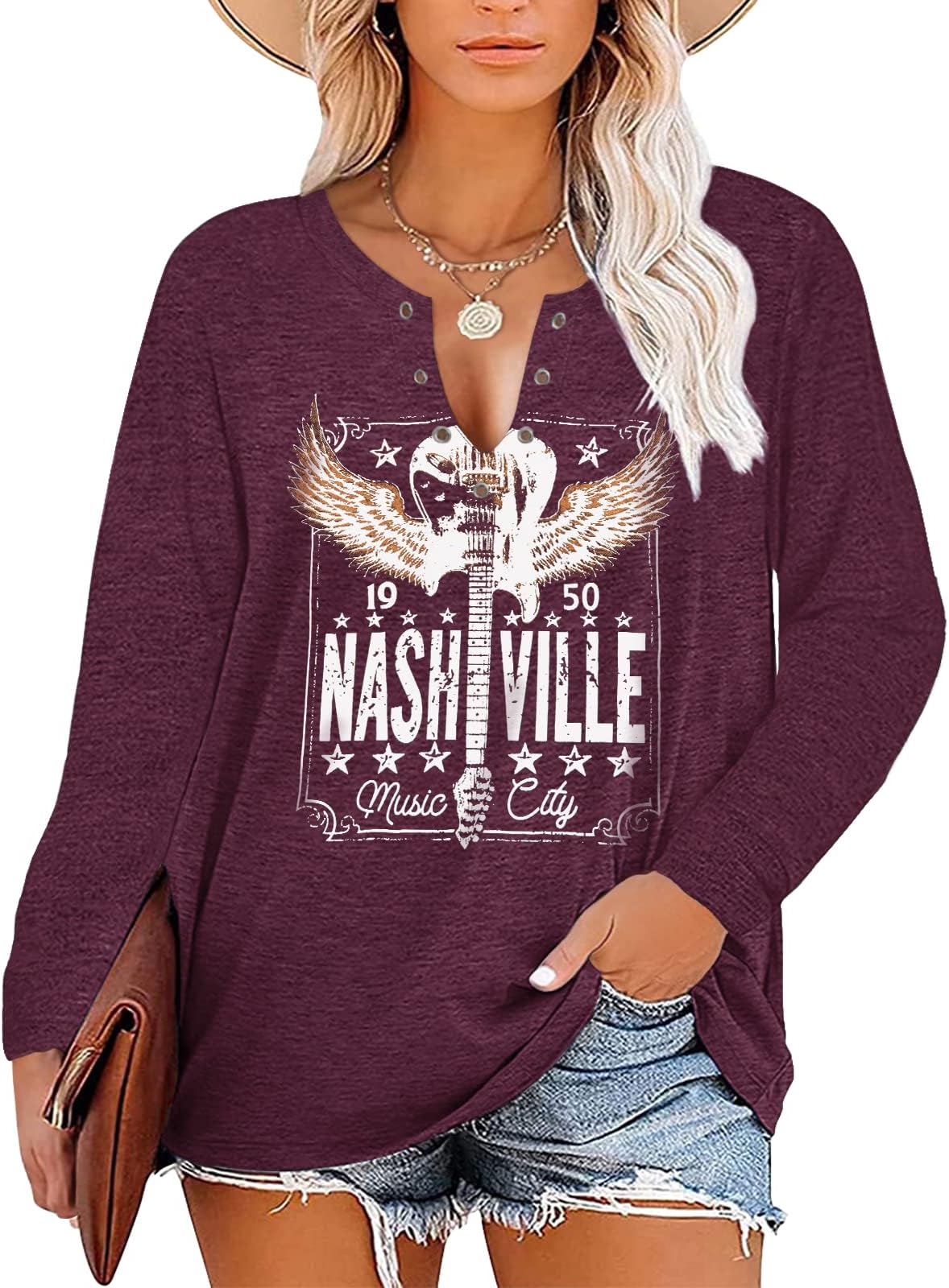 HDLTEWomens Nashville Shirt Plus Size Country Tennessee Graphic Tees Guitar Wings Rock Concert Tshirts for Women