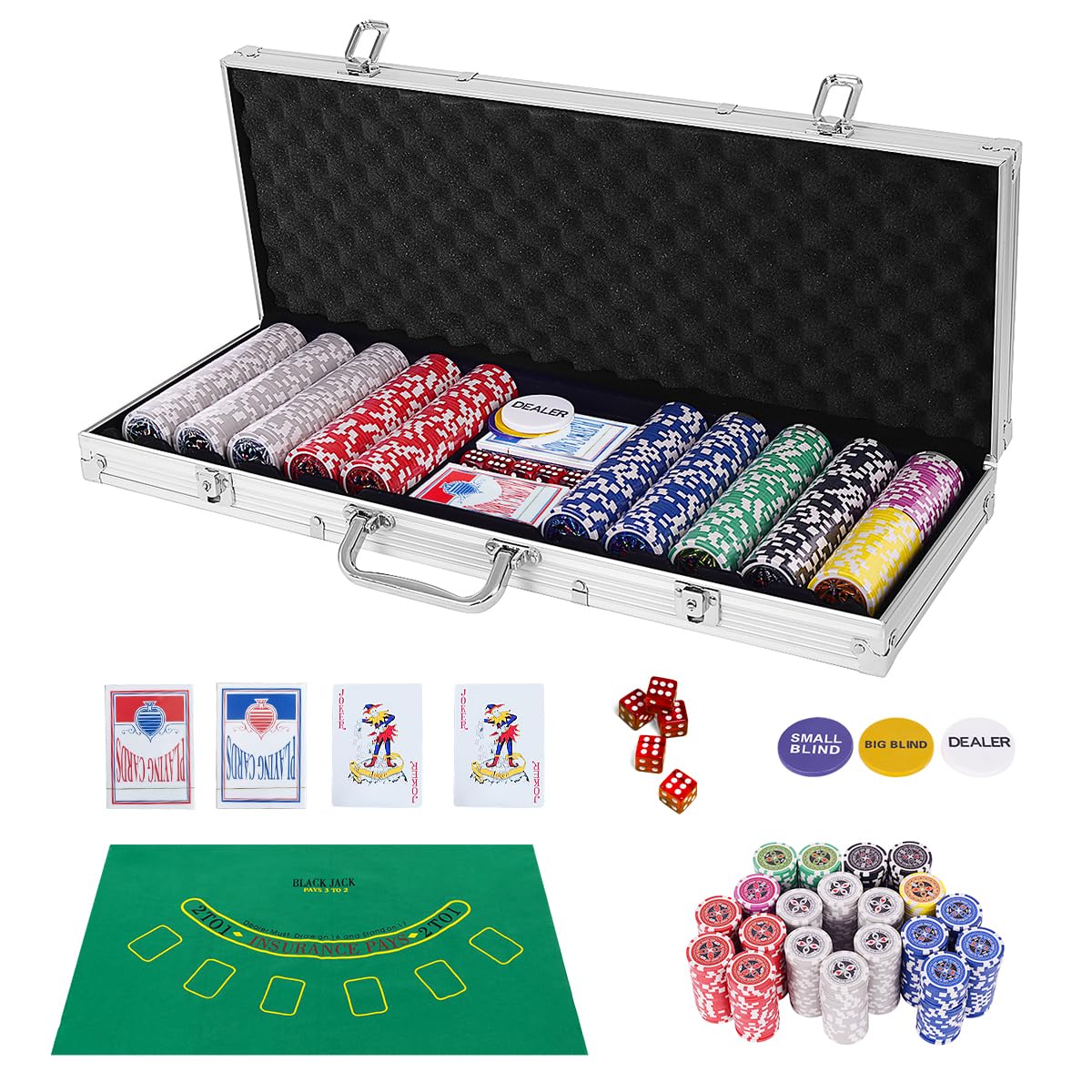 HOMASIS Juego de póquer con fichas láser, Estuche de póquer con 2 mazos de Cartas, 5 Dados, 1 botón de crupier, Juego de póquer con Cerradura, Cartas de póquer para Fiestas (Plata, 500 fichas láser)