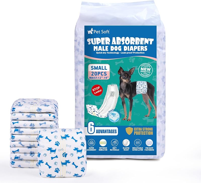 Fraldas Descartáveis para Cães Machos Pet Soft com Indicador de Umidade, Tamanho Pequeno, Pacote com 20