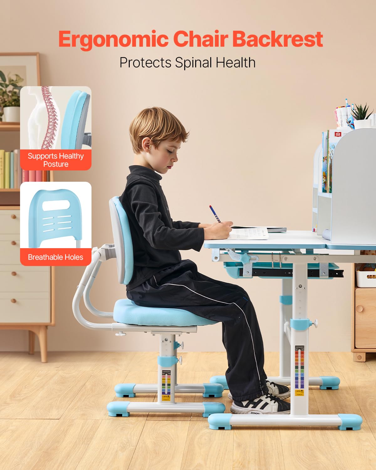 VEVOR Juego de Mesa y Silla de Estudio para Niños Capacidad de Carga de 100 kg, Ajuste de Altura del Escritorio de 54-73 cm, Mesa Inclinable 0-40° con estantería para Dormitorio, Estudio, Azul