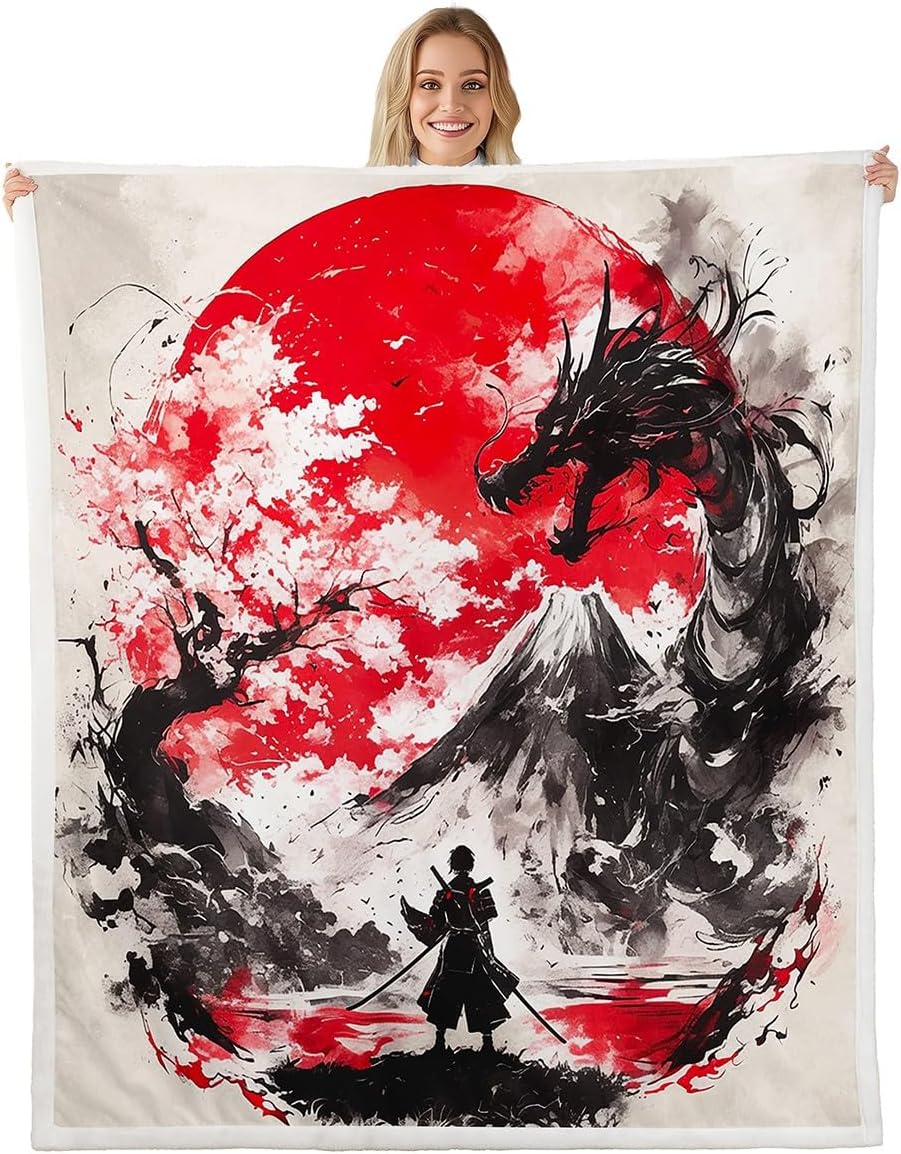Erosebridal Japanese Style Fleece Bed Blanket Twin 60"X80" Japanese Samurai Throw Blanket for Kids Boys Men Ink Painting Dragon Sherpa Blanket Cherry Blossom Mount Fuji Fuzzy Blanket Red Black White
