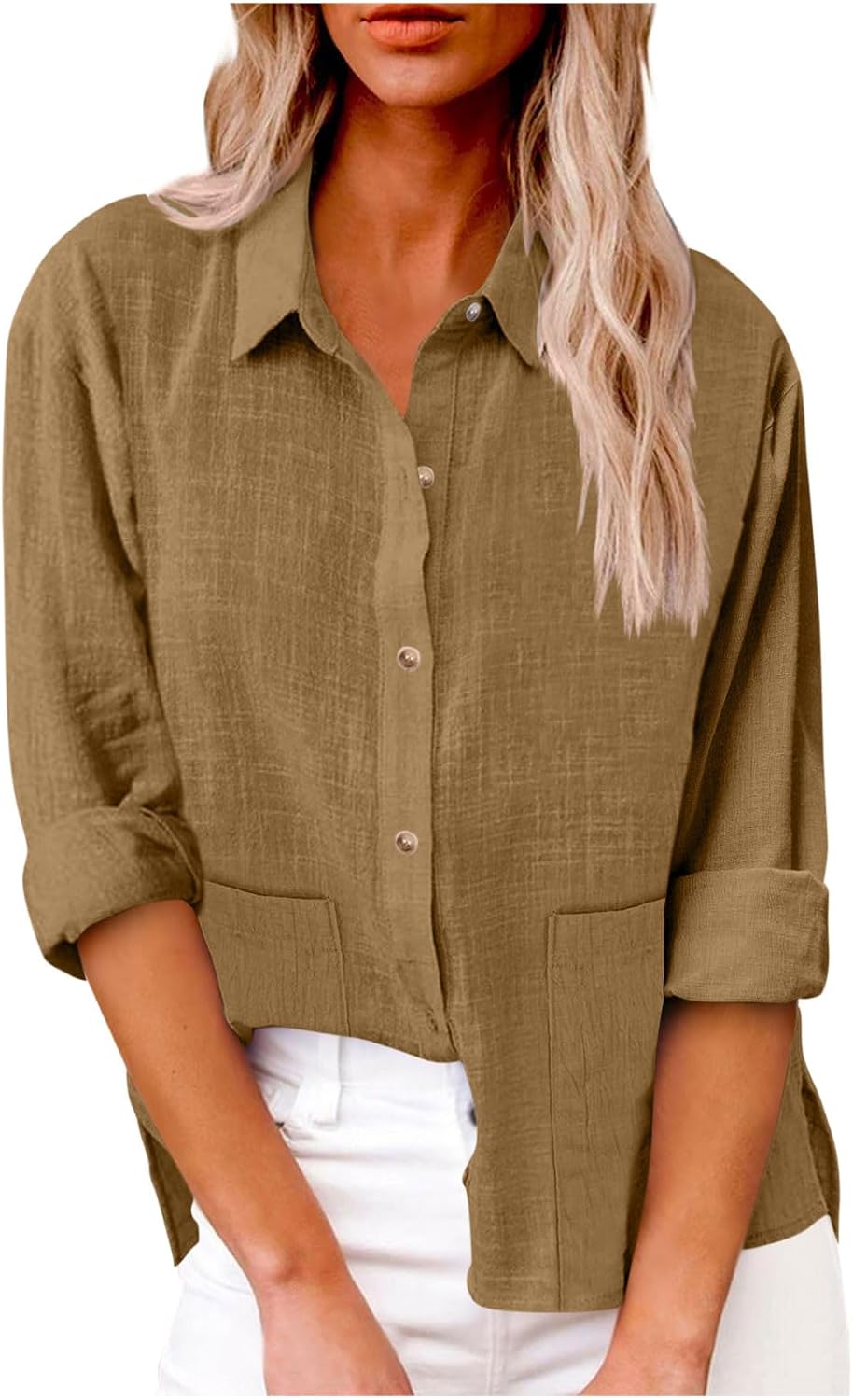 Womens Cotton Linen Button Down Shirt Casual Long Sleeve Classic Lapel Blouses Loose Fasion Work Tops with Pockets