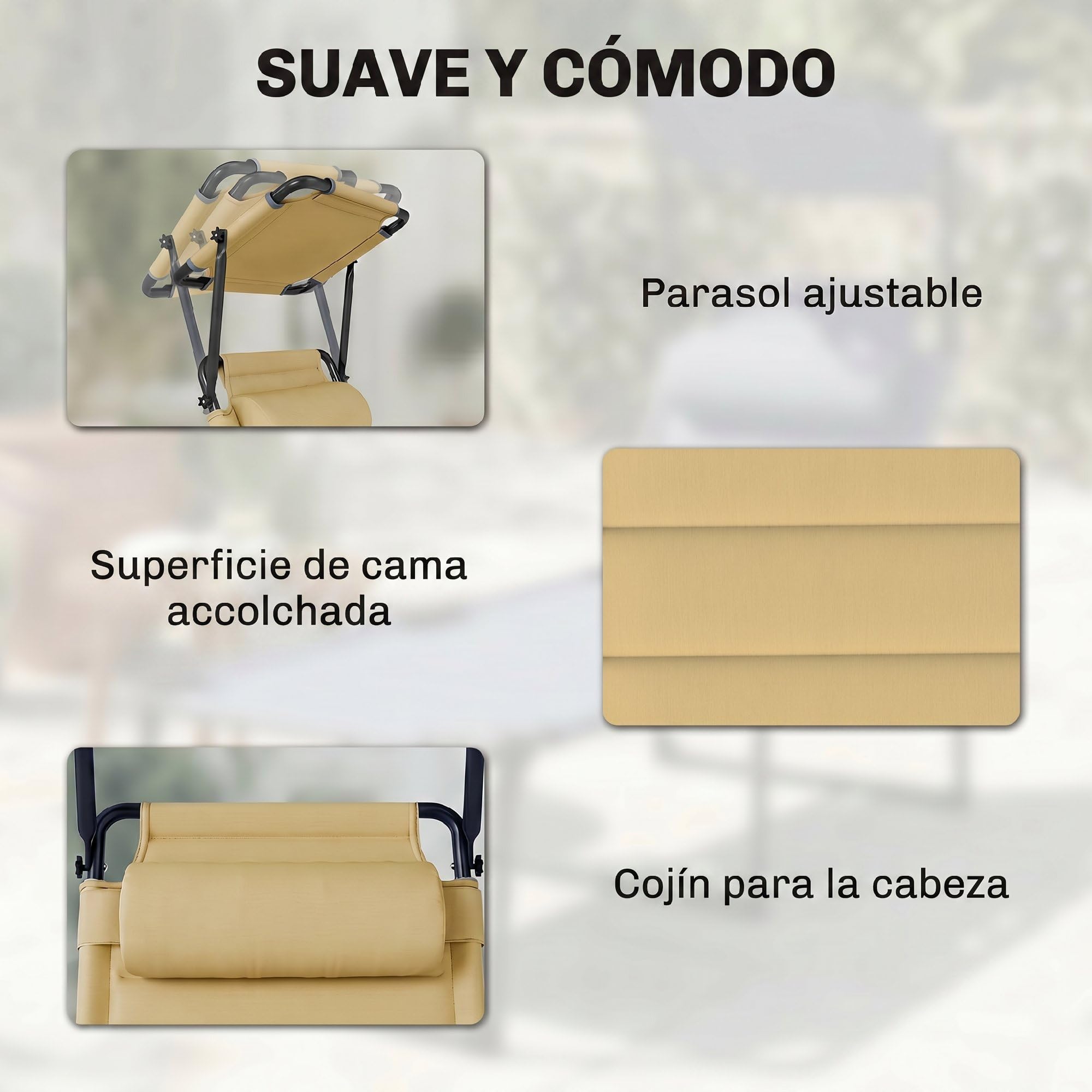 Outsunny Tumbona Plegable, Tumbona Jardín Exterior con Toldo Ajustable, Respaldo Regulable en 4 Niveles, Reposacabezas, Cojín Grueso, para Terraza, Piscina, 70x200x45 cm, Crema